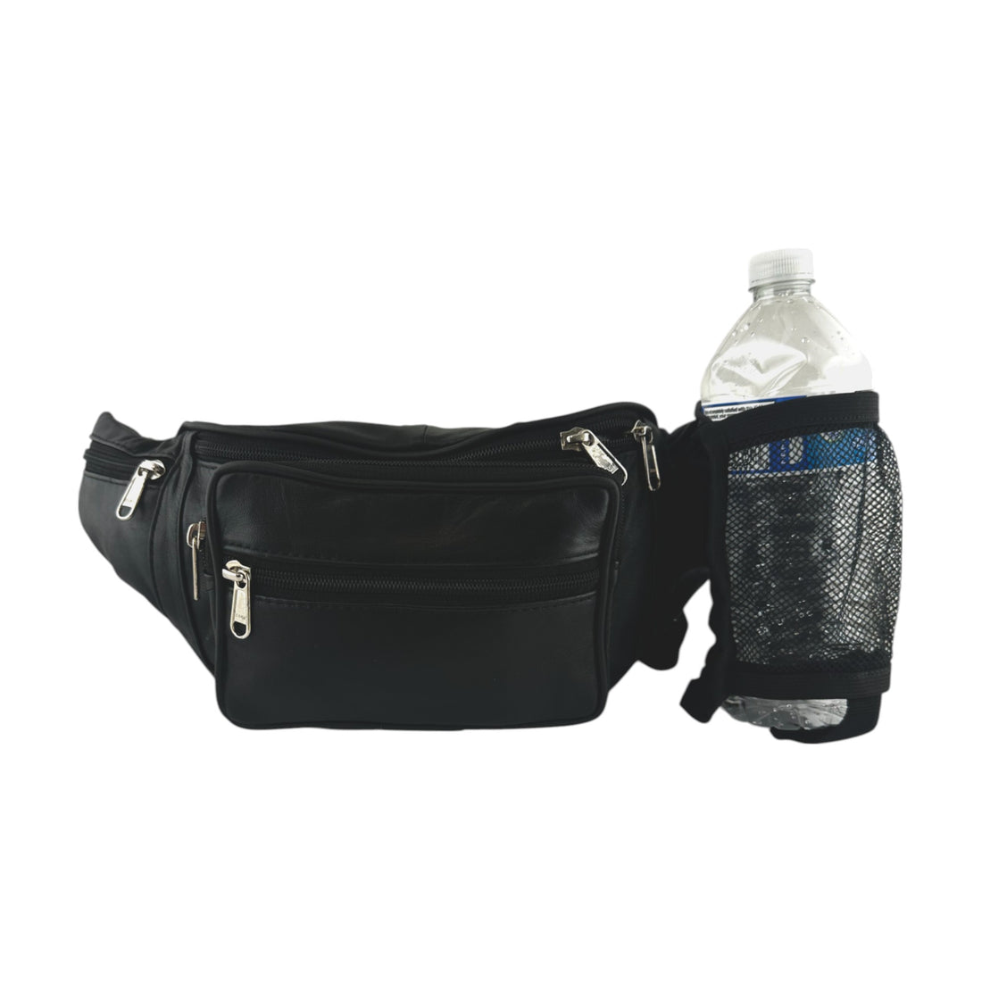 Black waist bag with a water bottle holder on a white background