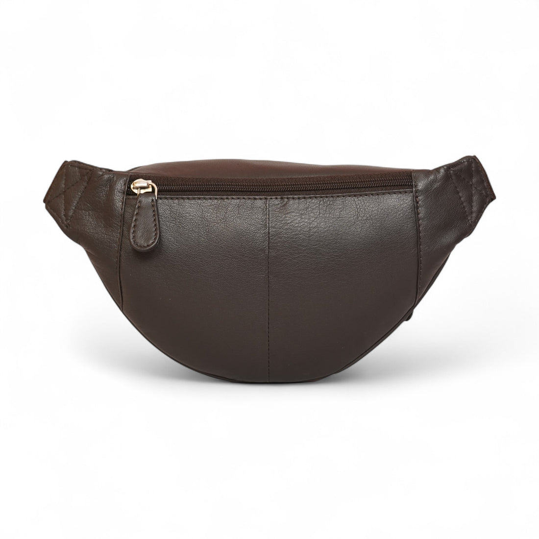 Brown leather waist bag with zipper on a white background