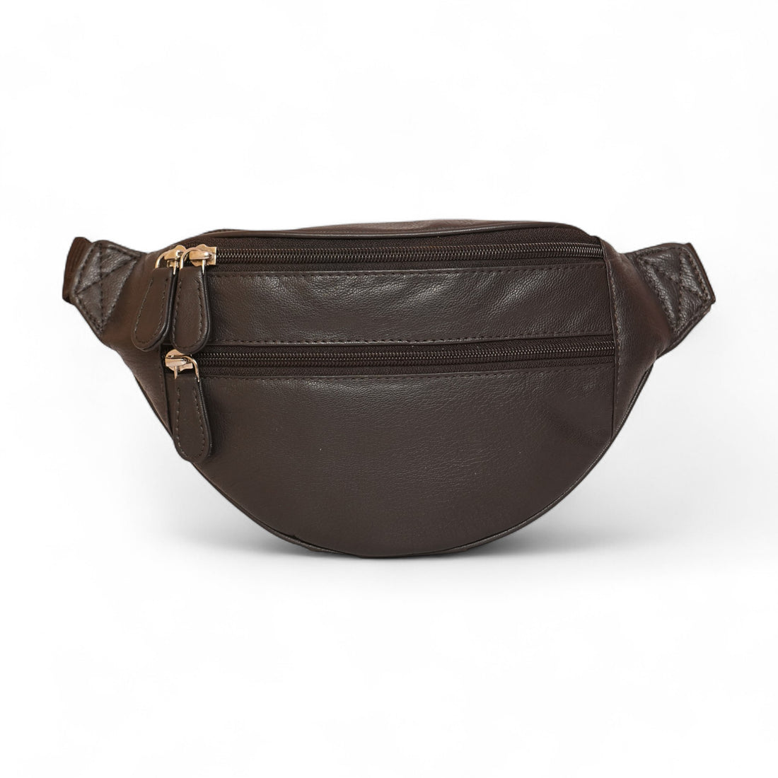Brown leather waist bag with zipper on a white background