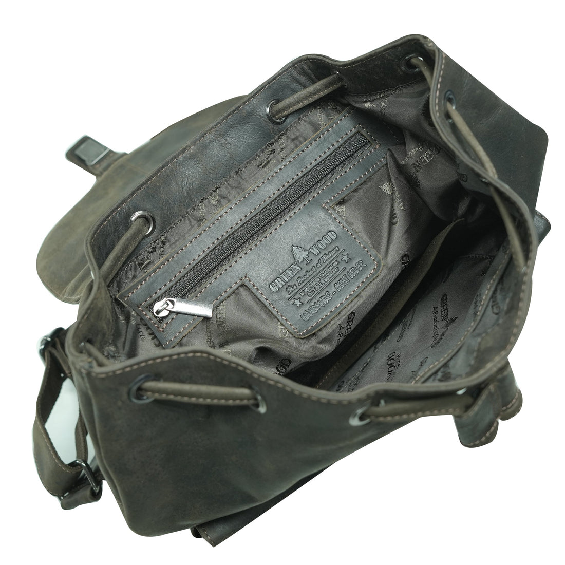 Brown leather backpack with front pockets
