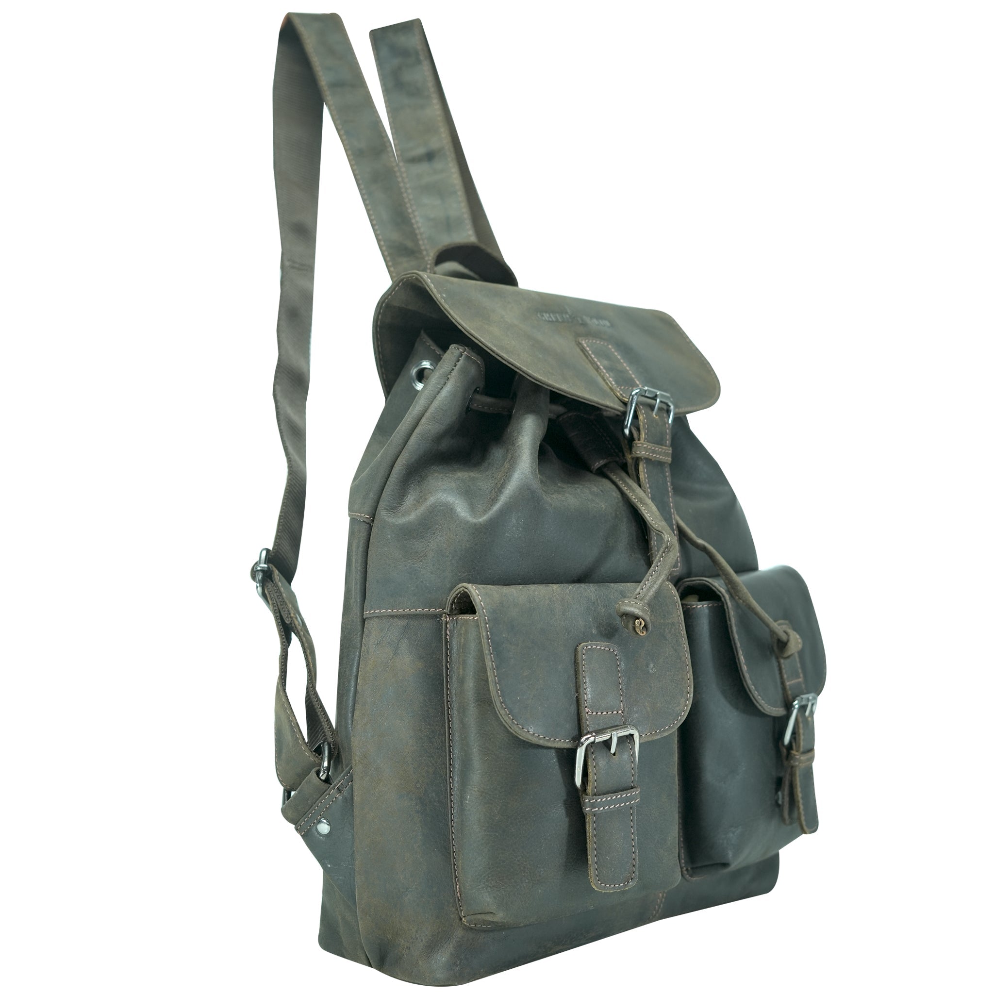 Side view of brown leather backpack