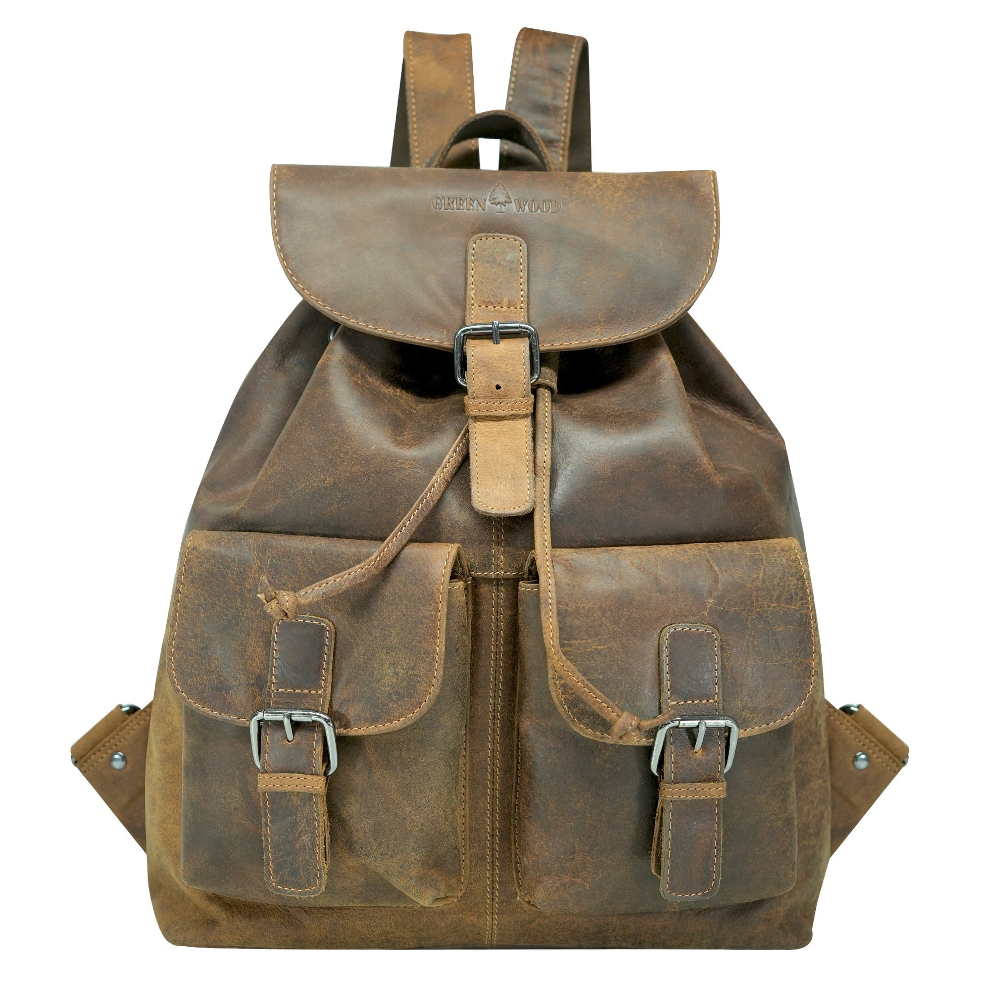 Camel leather backpack with front pockets
