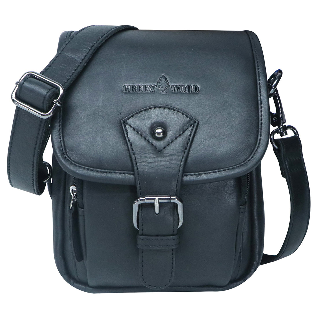 Front view of small unisex leather bag with flap