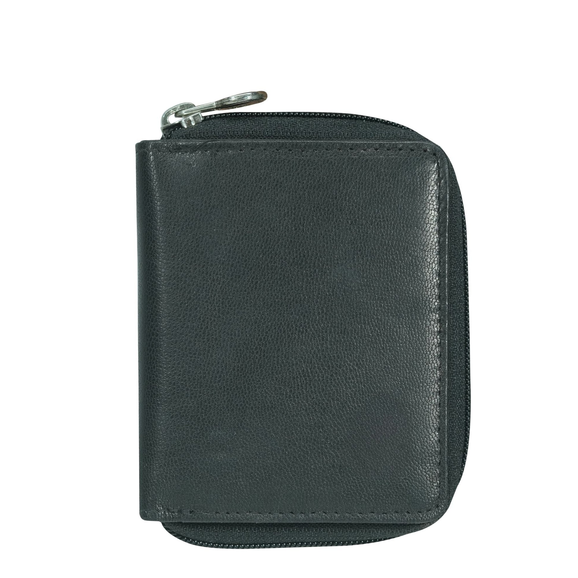 Black leather zippered wallet on a white background