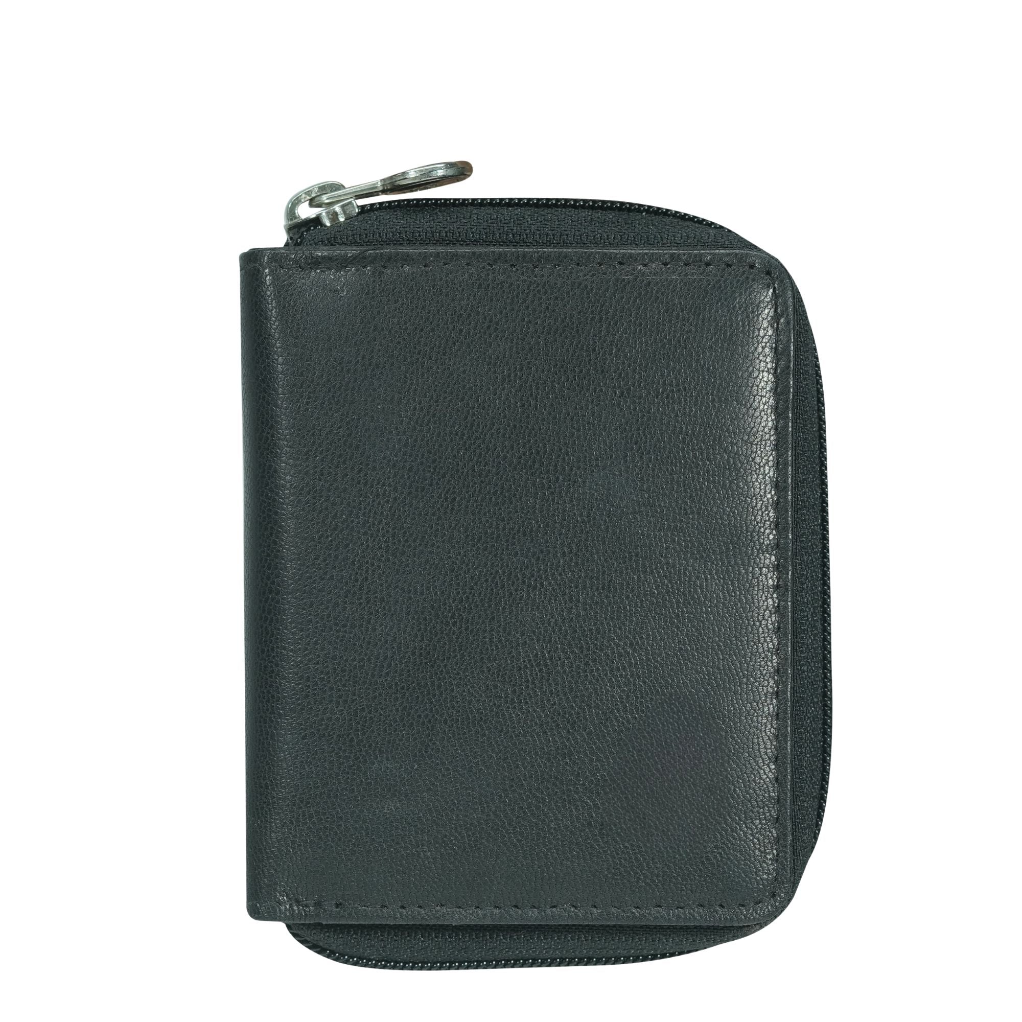 Black leather zippered wallet on a white background