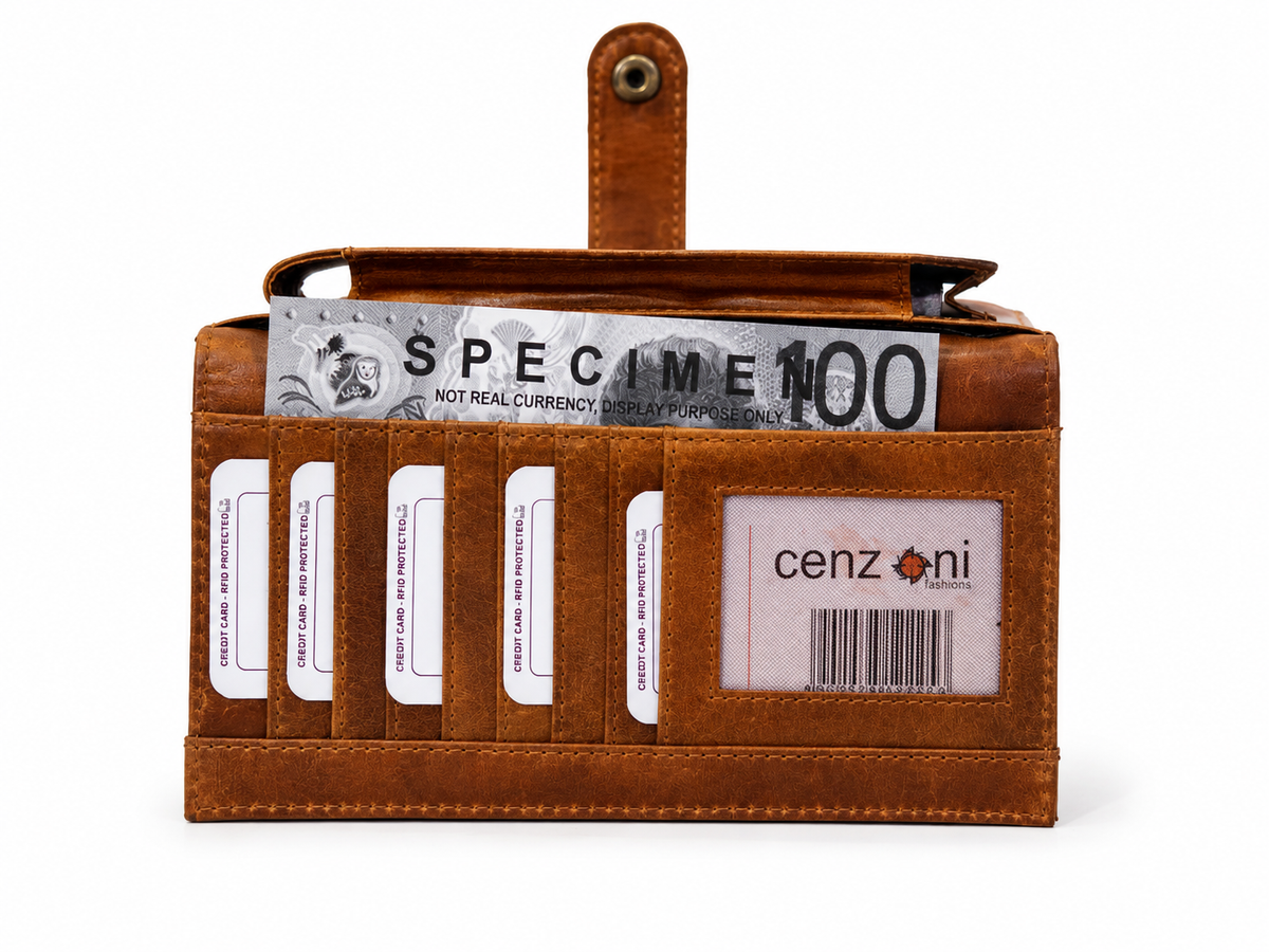 Tan leather wallet interior with three RFID card slots, ID window and full-length note section