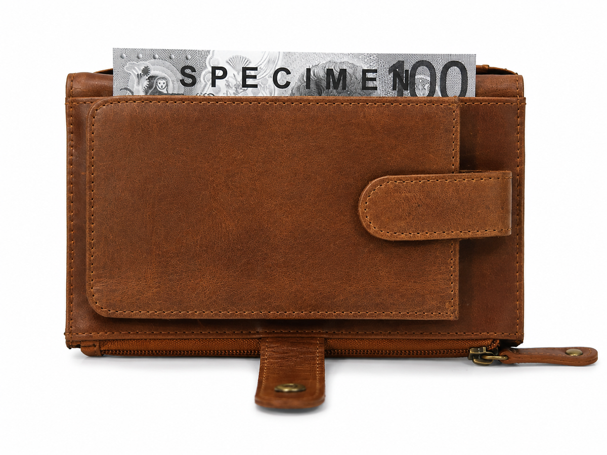 Tan leather wallet with phone pocket tab closure, snap tab and zip pull, with a banknote in the note section