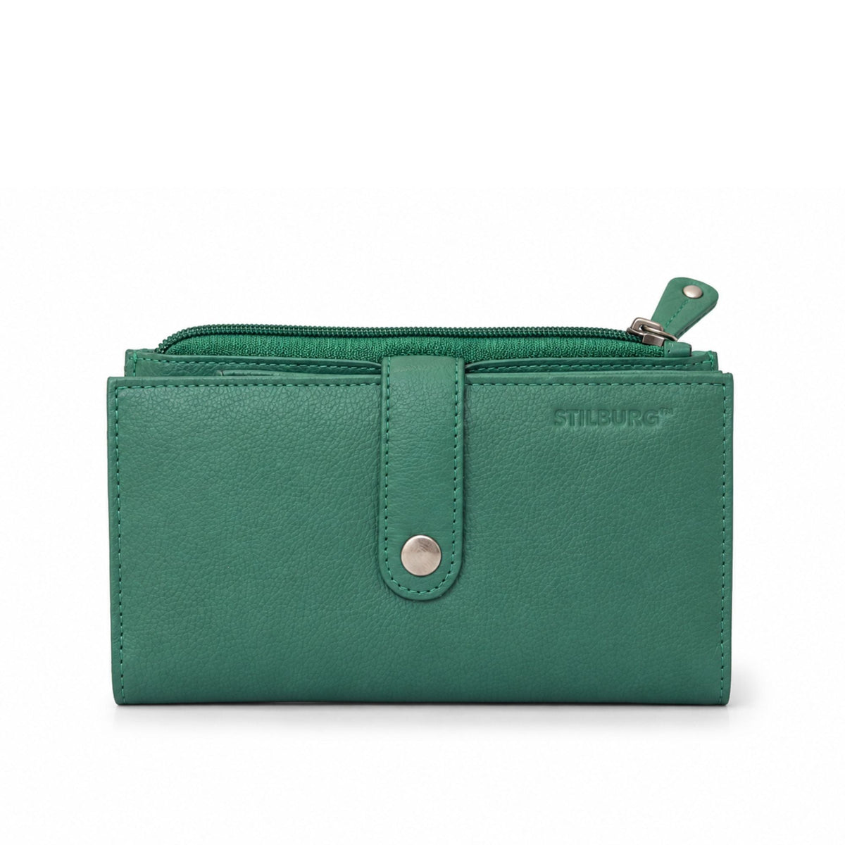 Emerald green leather ladies wallet, front view with snap tab closure and zip pocket
