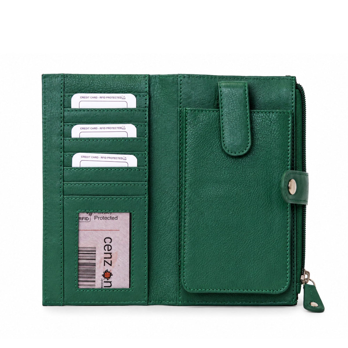 Open green leather wallet showing RFID card slots, clear ID window, phone pocket and side zip