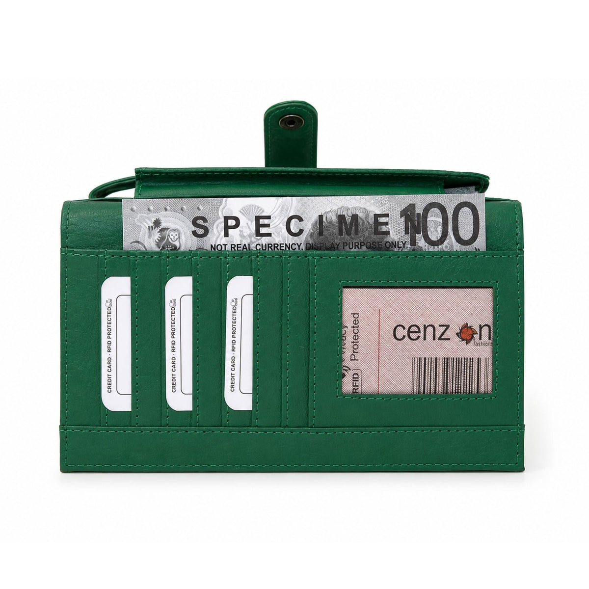Green leather wallet interior with three RFID card slots, ID window and full-length note section