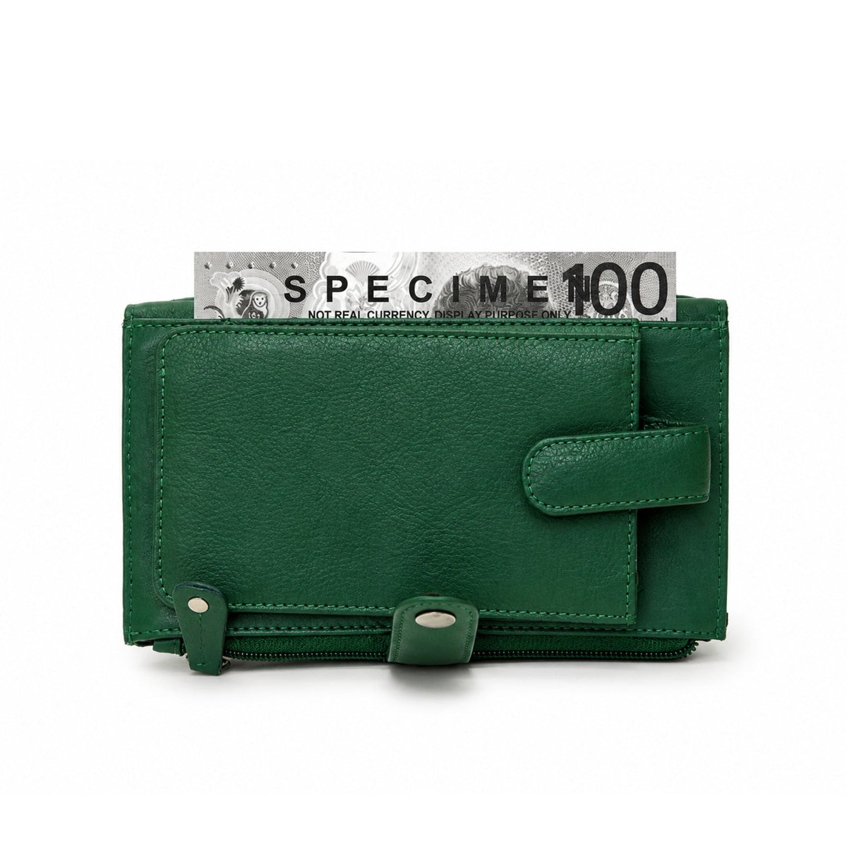 Green leather wallet with phone pocket tab closure, snap tab and zip pull, with a banknote in the note section