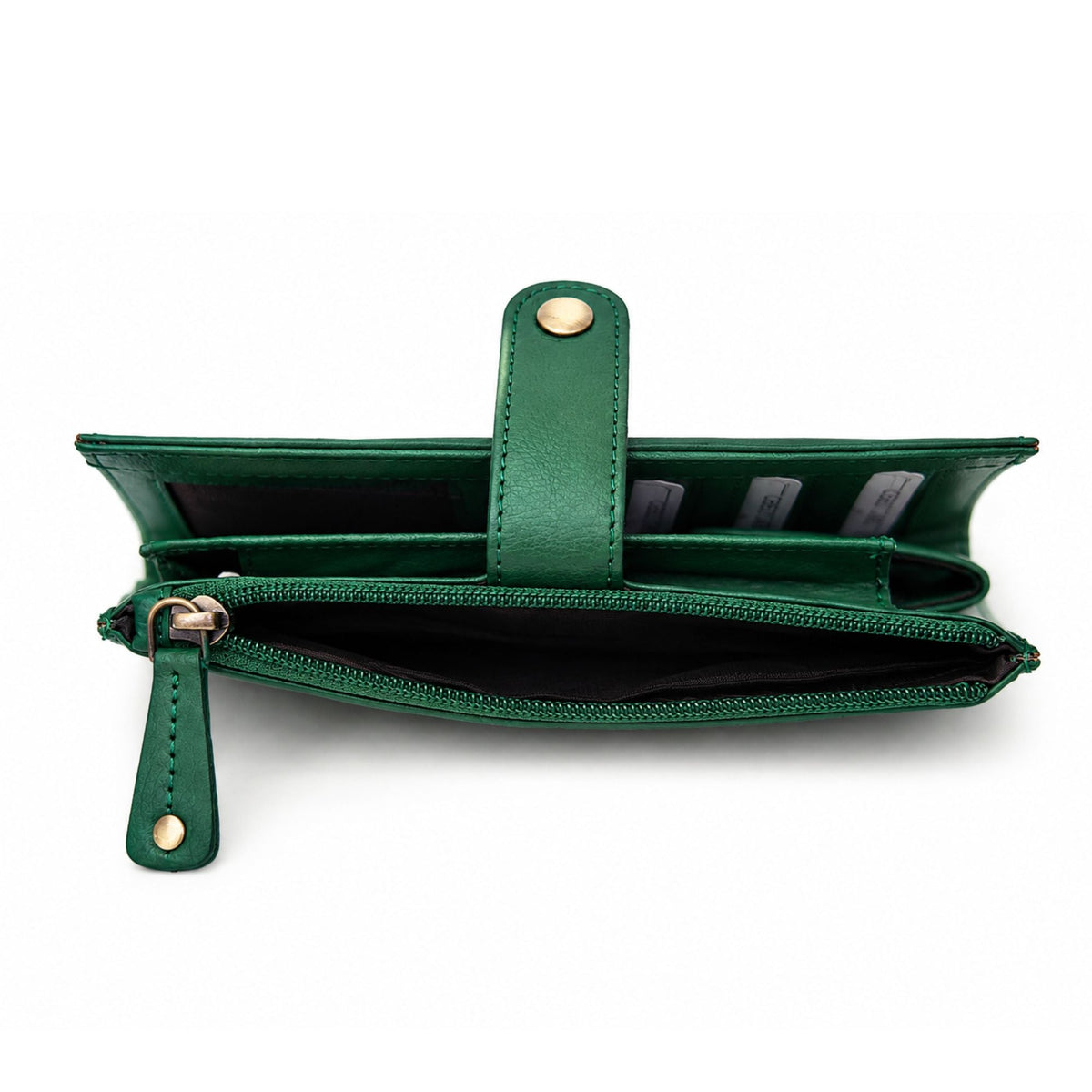 Open zip coin compartment of green leather wallet with lined interior and leather pull tab