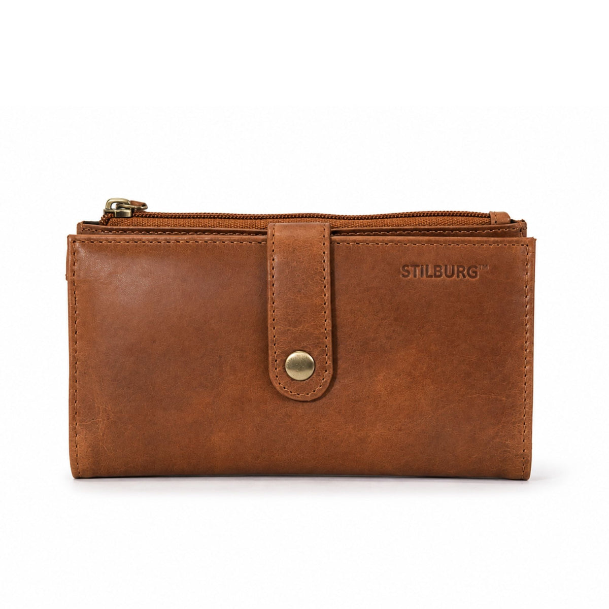 Tan leather ladies wallet, front view with snap tab closure and zip pocket