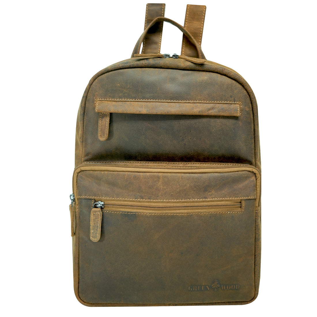 Front view of camel leather backpack with zip pockets – Greenwood unisex bag