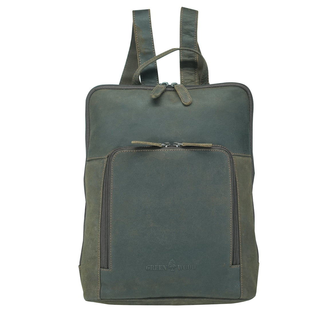 Front view of slim leather backpack in brown by Greenwood