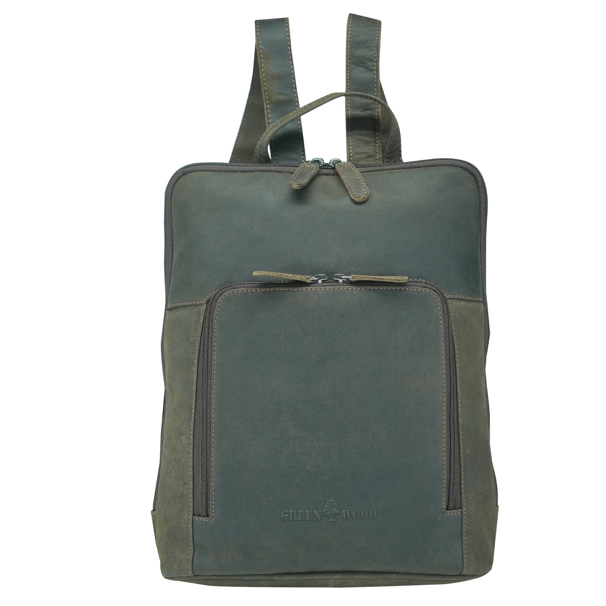 Front view of slim leather backpack in brown by Greenwood