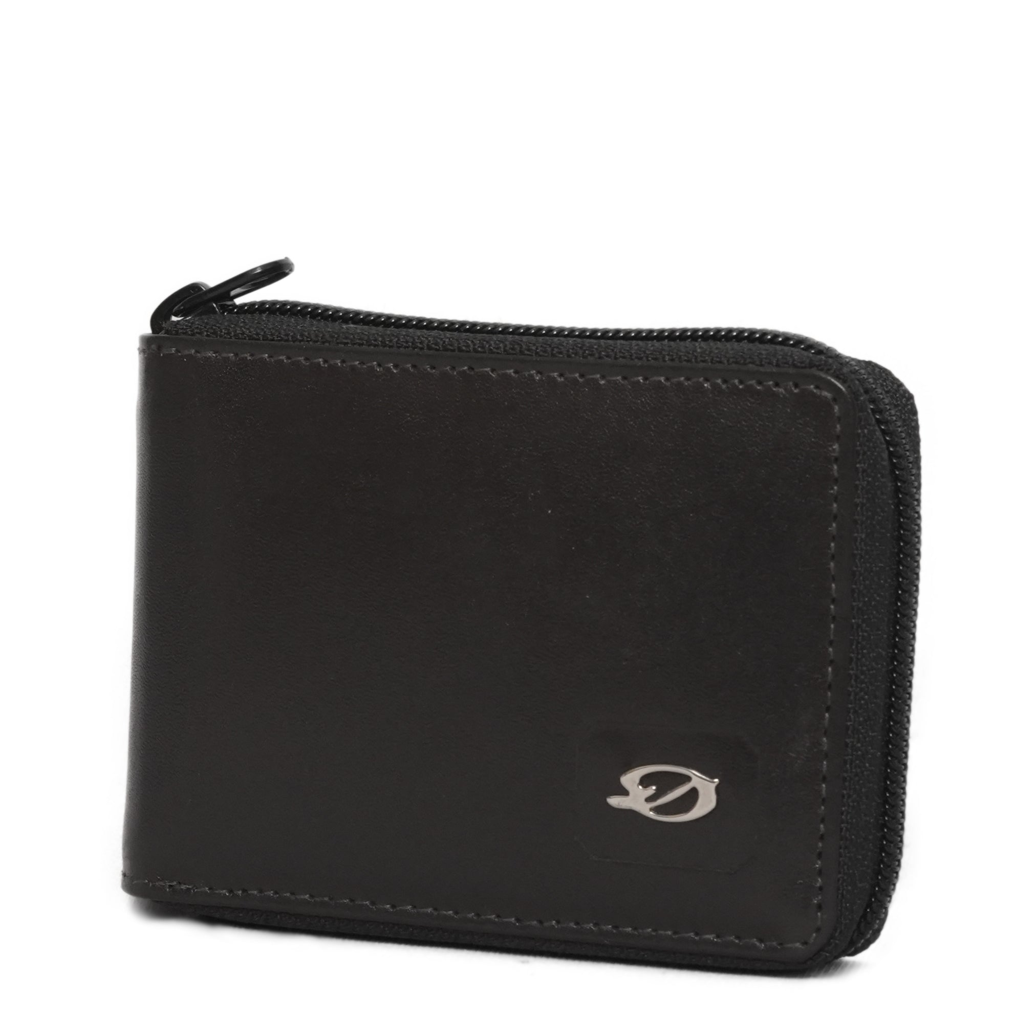 Black leather zip around card wallet angle view
