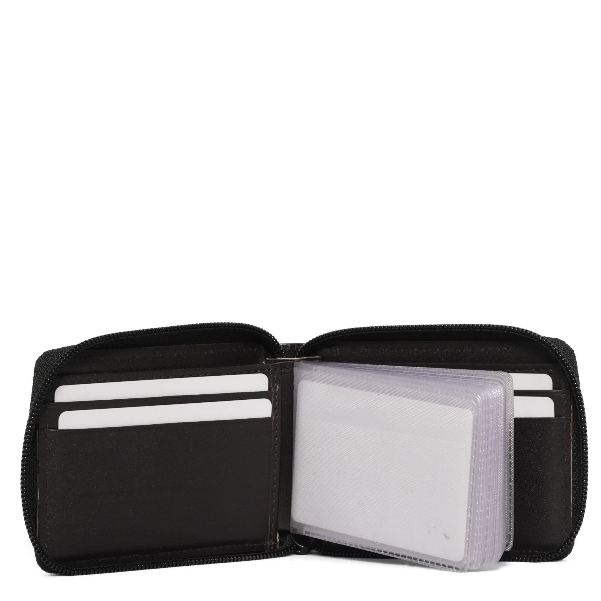 Black leather zip around card wallet open view