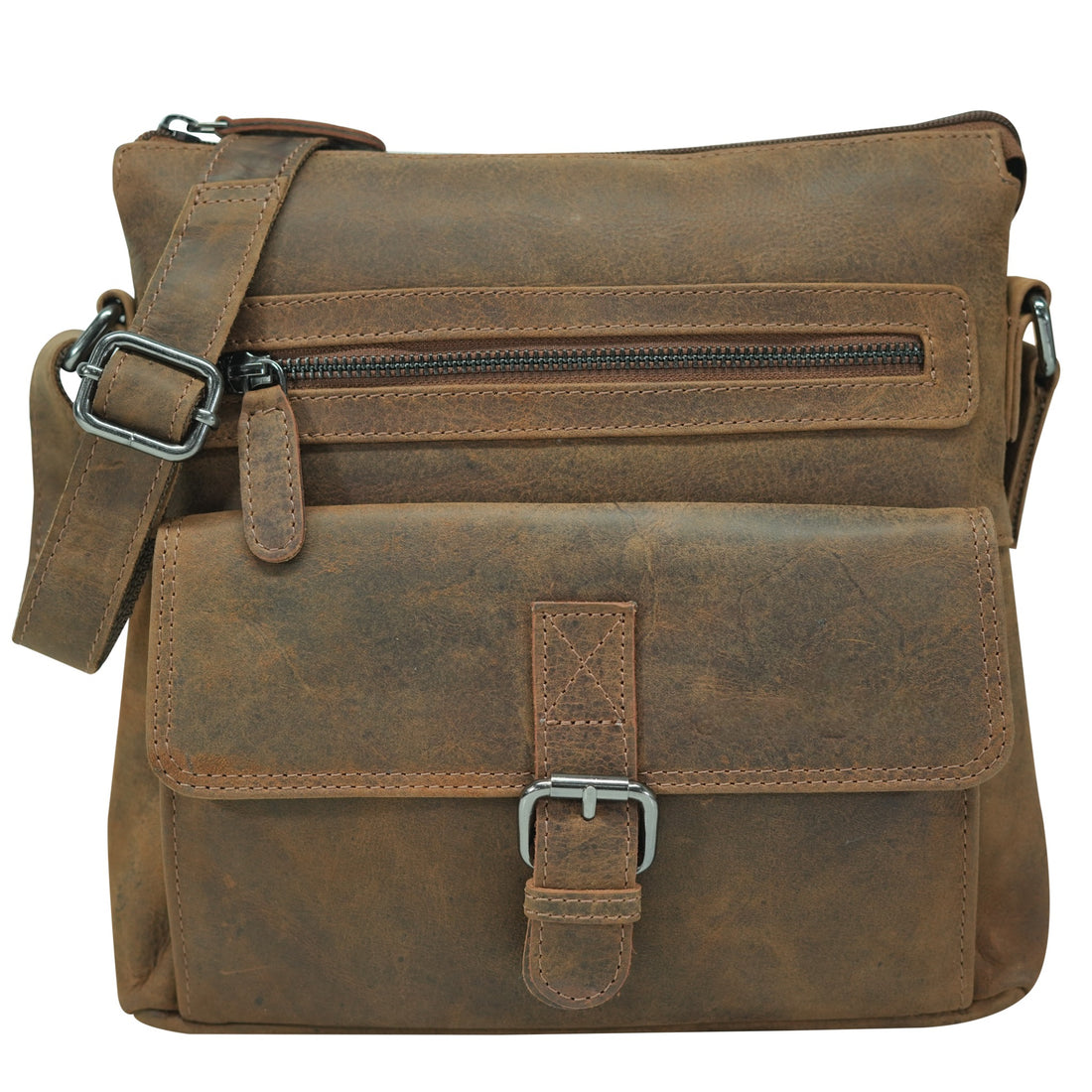 Sandel leather messenger bag with zippers and buckles on a white background