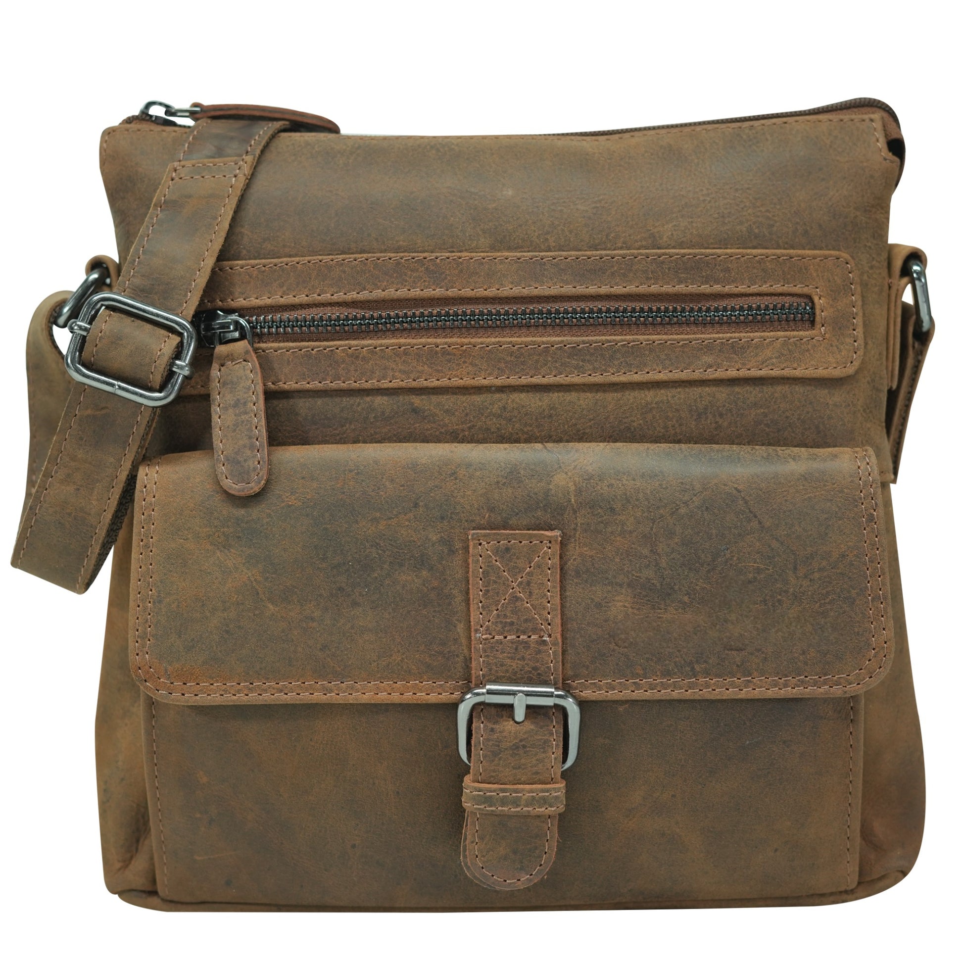 Sandel leather messenger bag with zippers and buckles on a white background