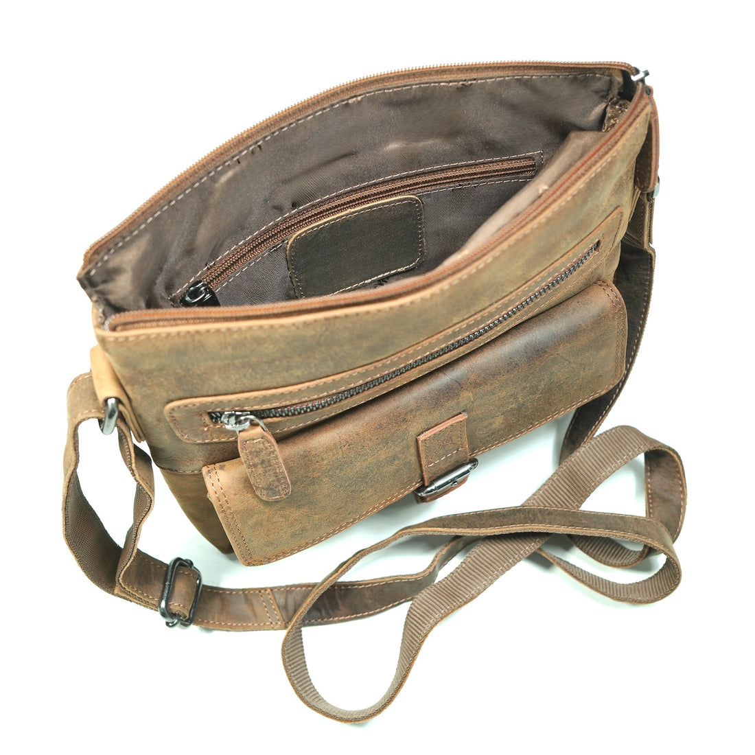Sandel leather messenger bag with zippers and buckles on a white background