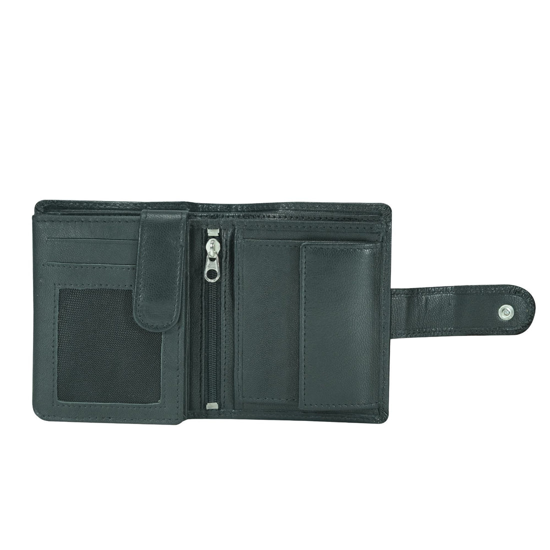Black leather wallet with multiple compartments on a white background
