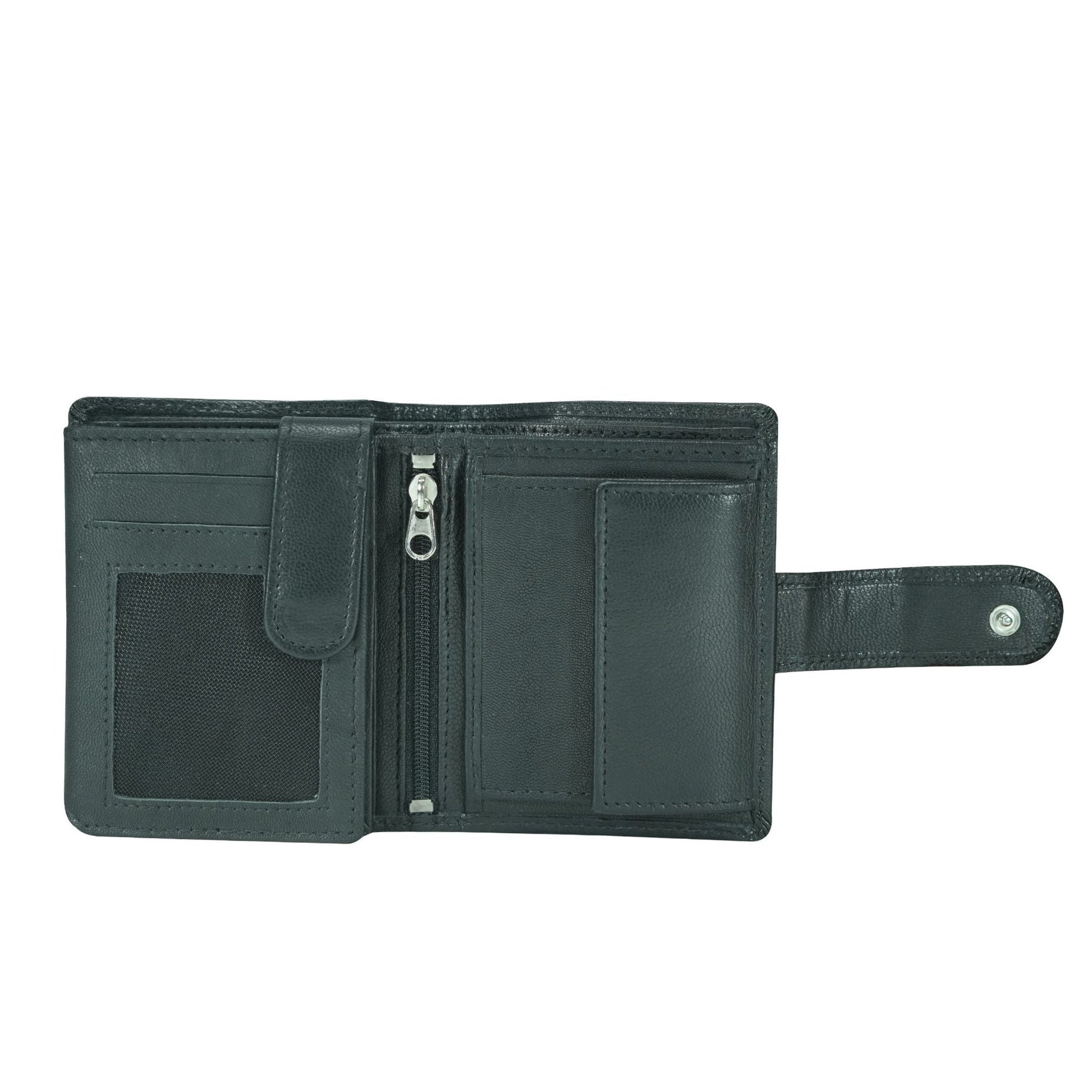 Black leather wallet with multiple compartments on a white background