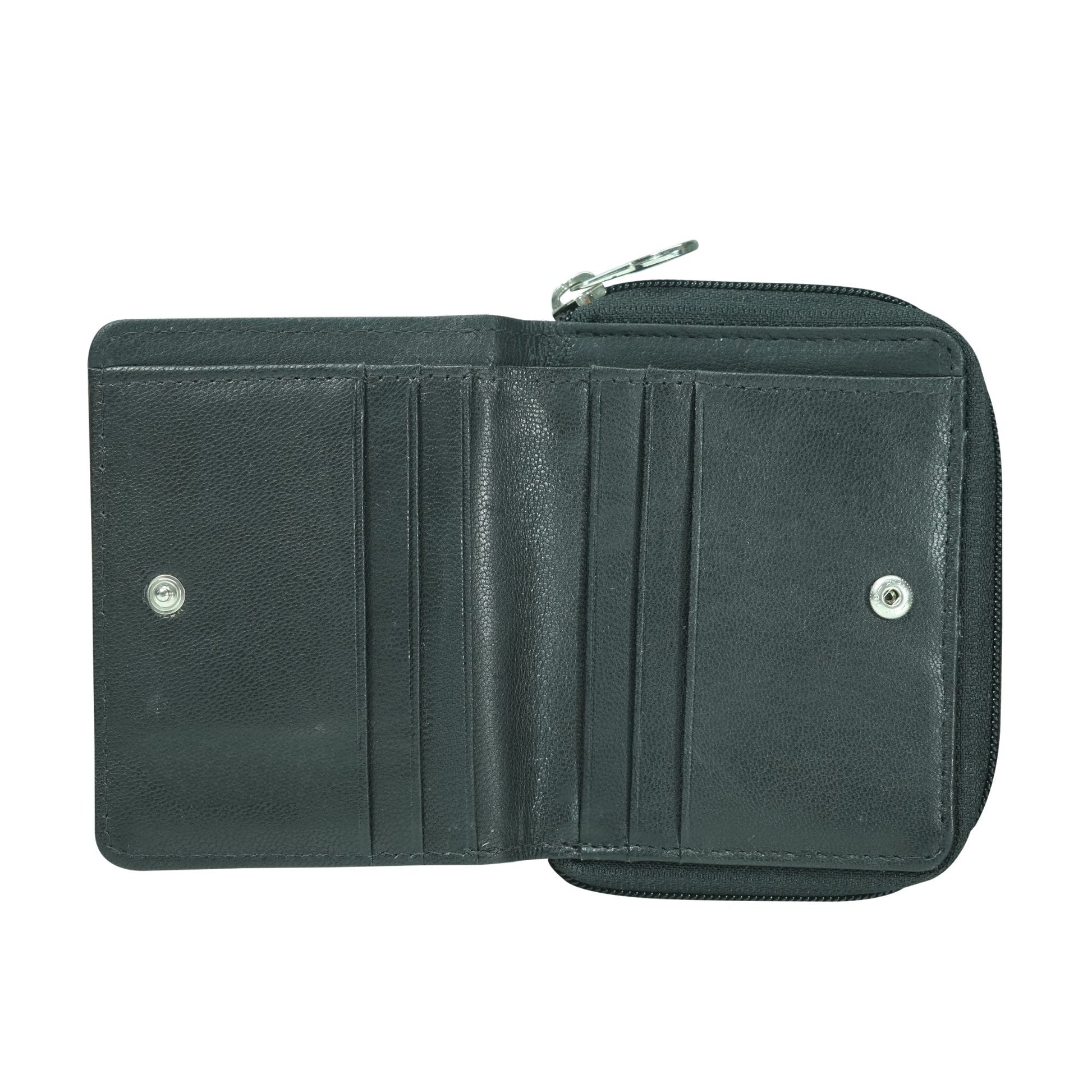Black leather wallet with multiple card slots on a white background
