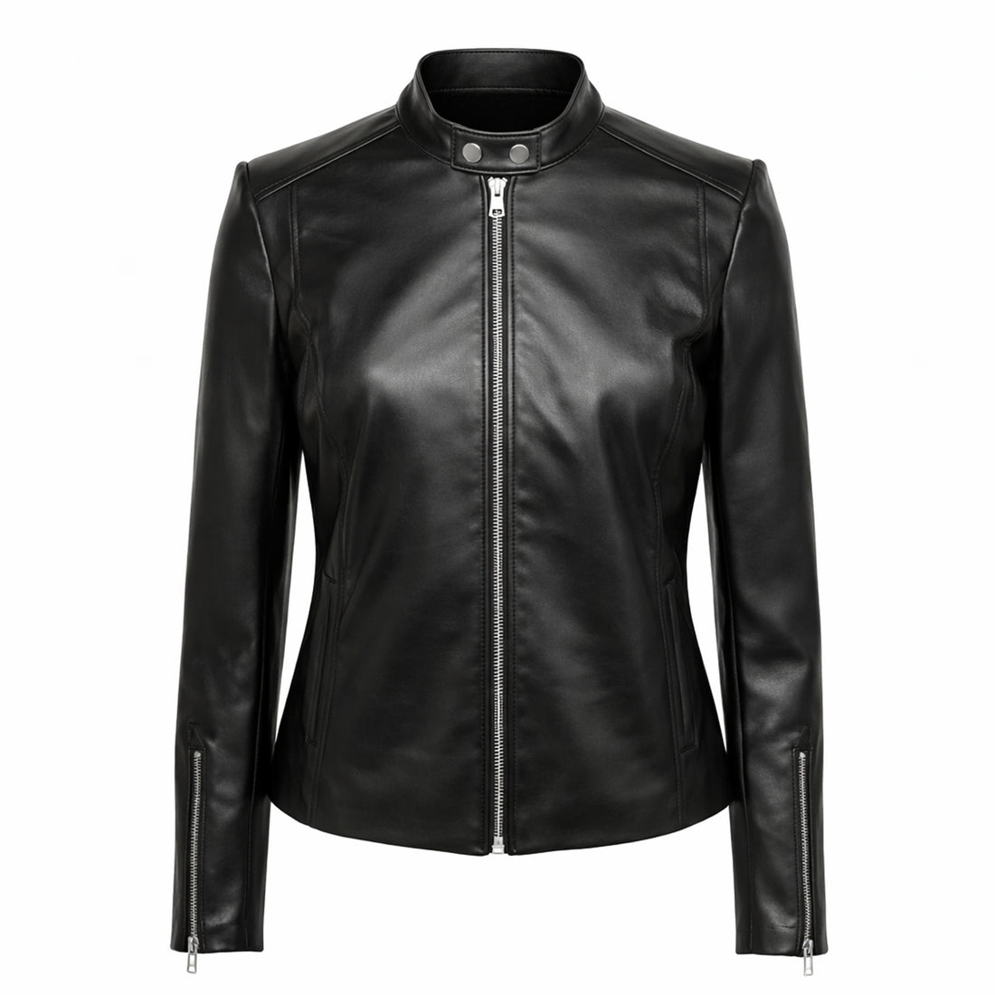 Woman wearing a black leather jacket and blue jeans on a white background