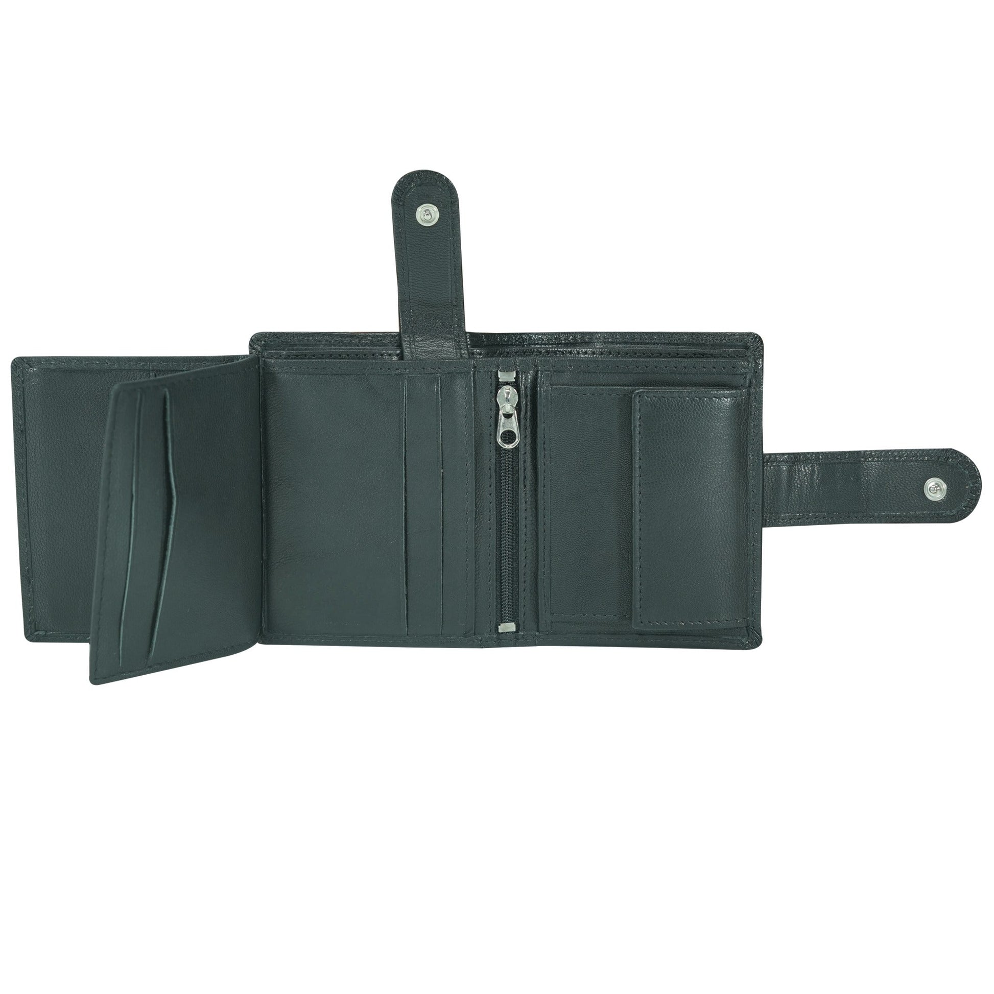 Black leather wallet with multiple compartments on a white background