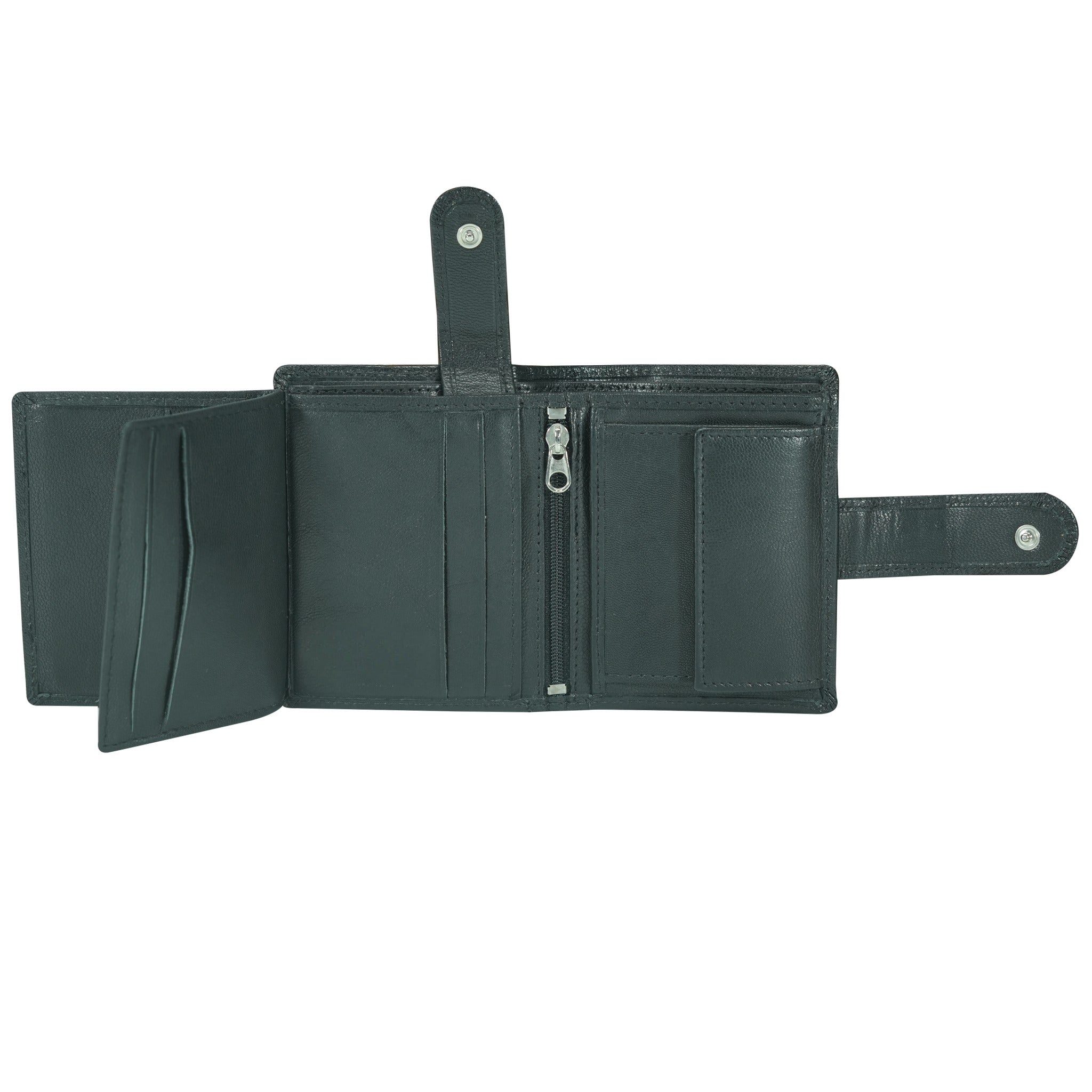 Black leather wallet with multiple compartments on a white background