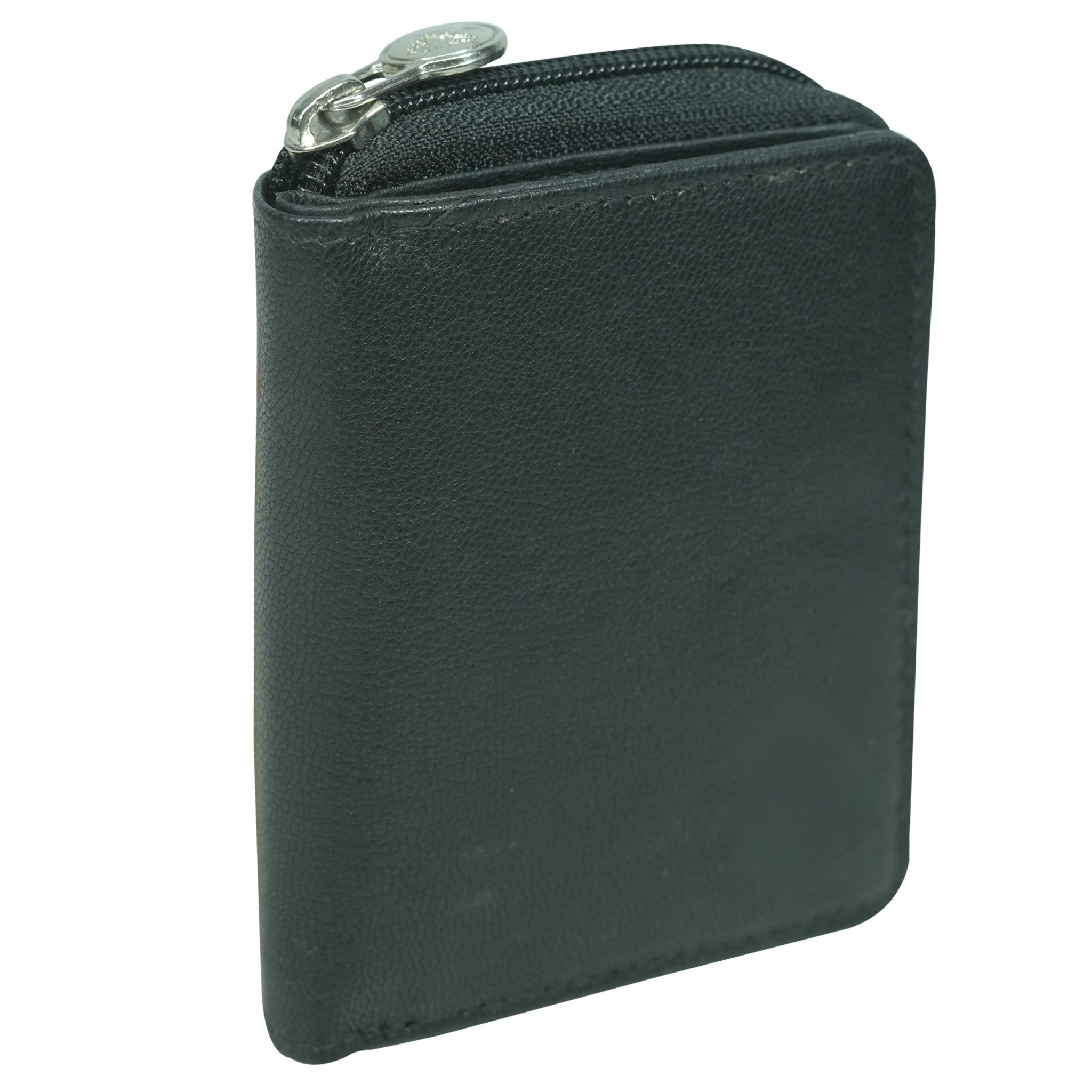 Black leather wallet with a zipper on a white background