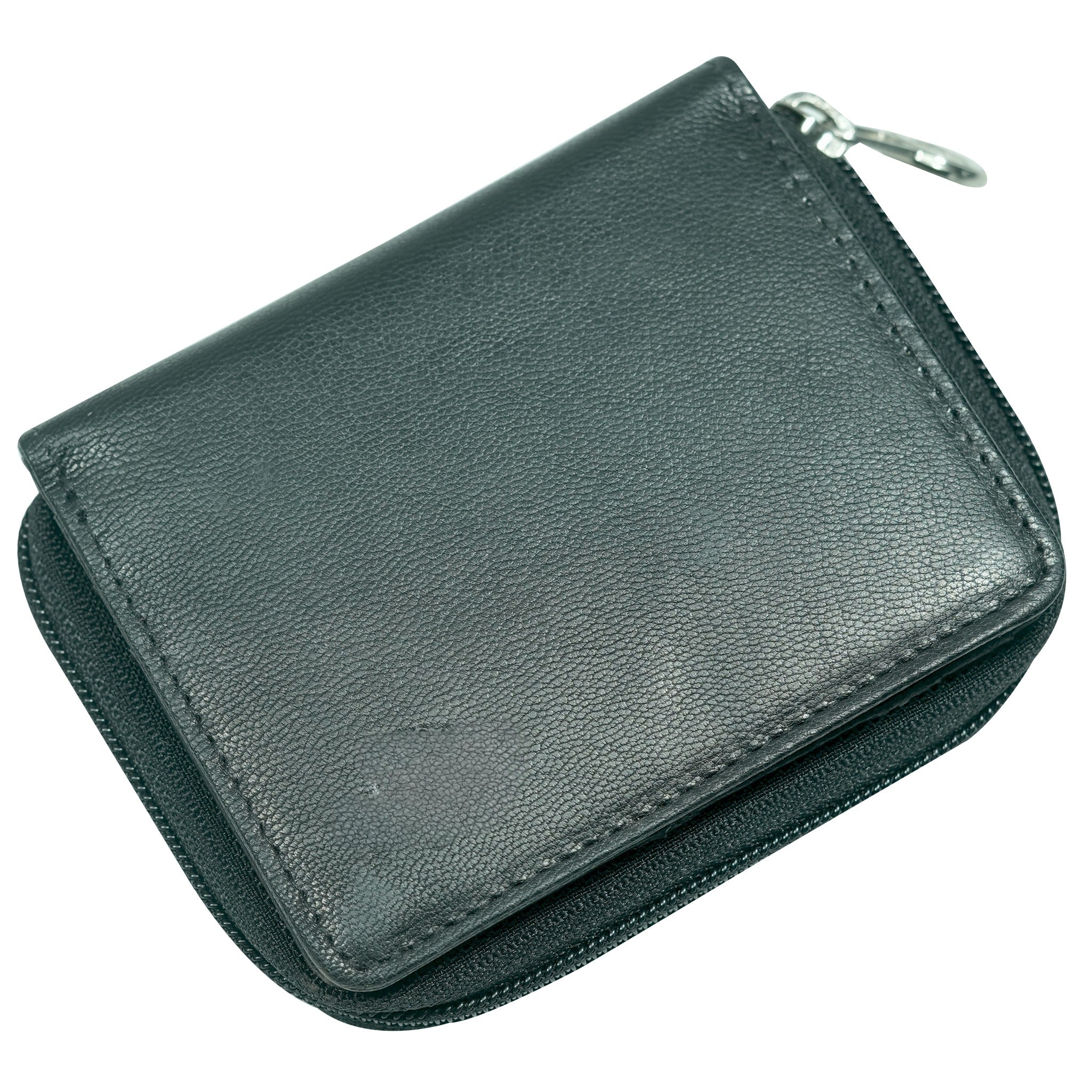 Black leather wallet with a zipper on a white background