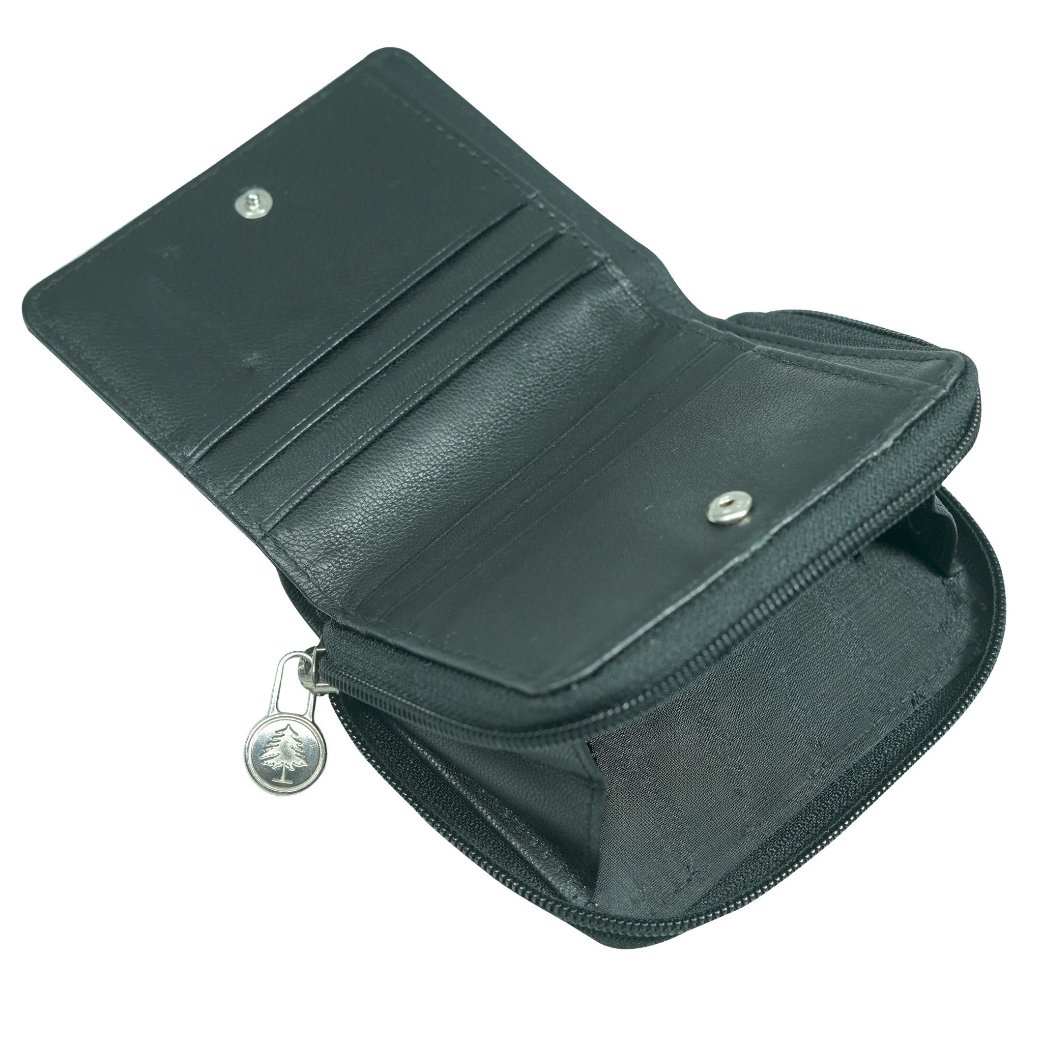 Black leather wallet with zipper on a white background