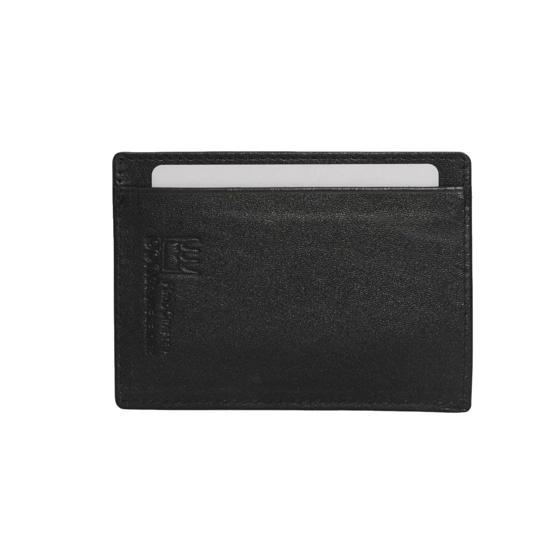 Black leather cardholder with multiple card slots on a white background