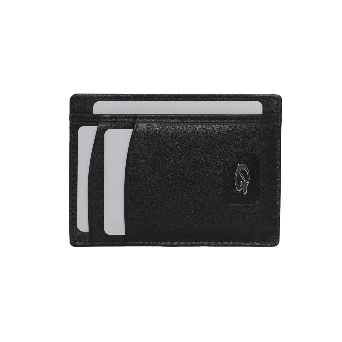Black leather cardholder with multiple card slots on a white background