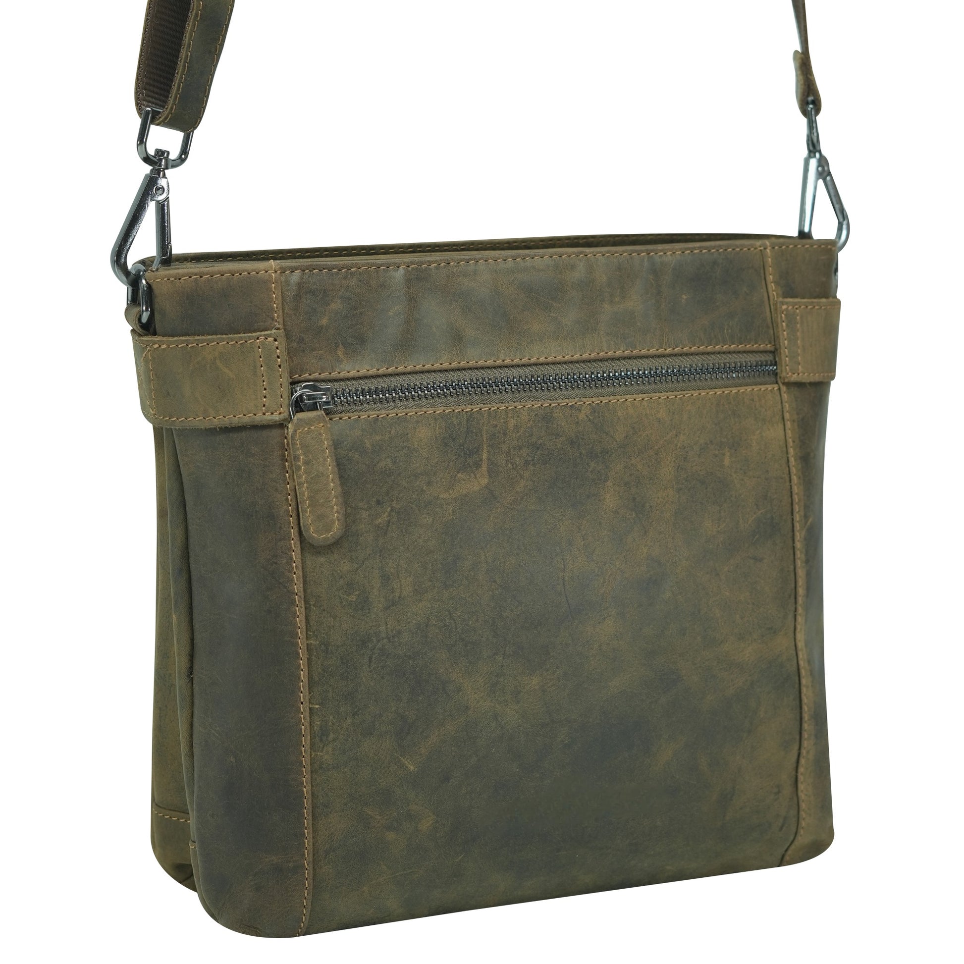 Kahki leather crossbody bag on a white background