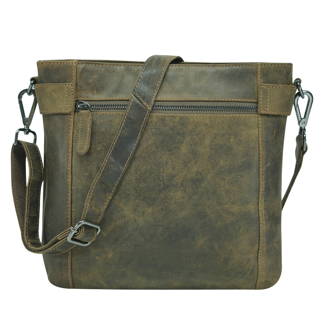 Kahki leather bag with a strap on a white background