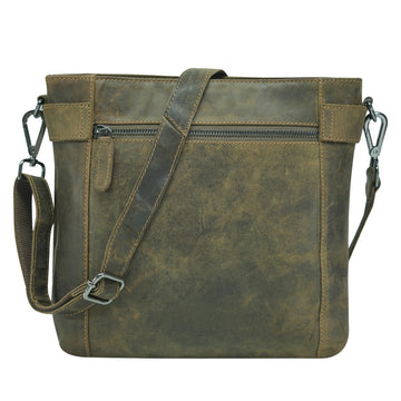Kahki leather bag with a strap on a white background