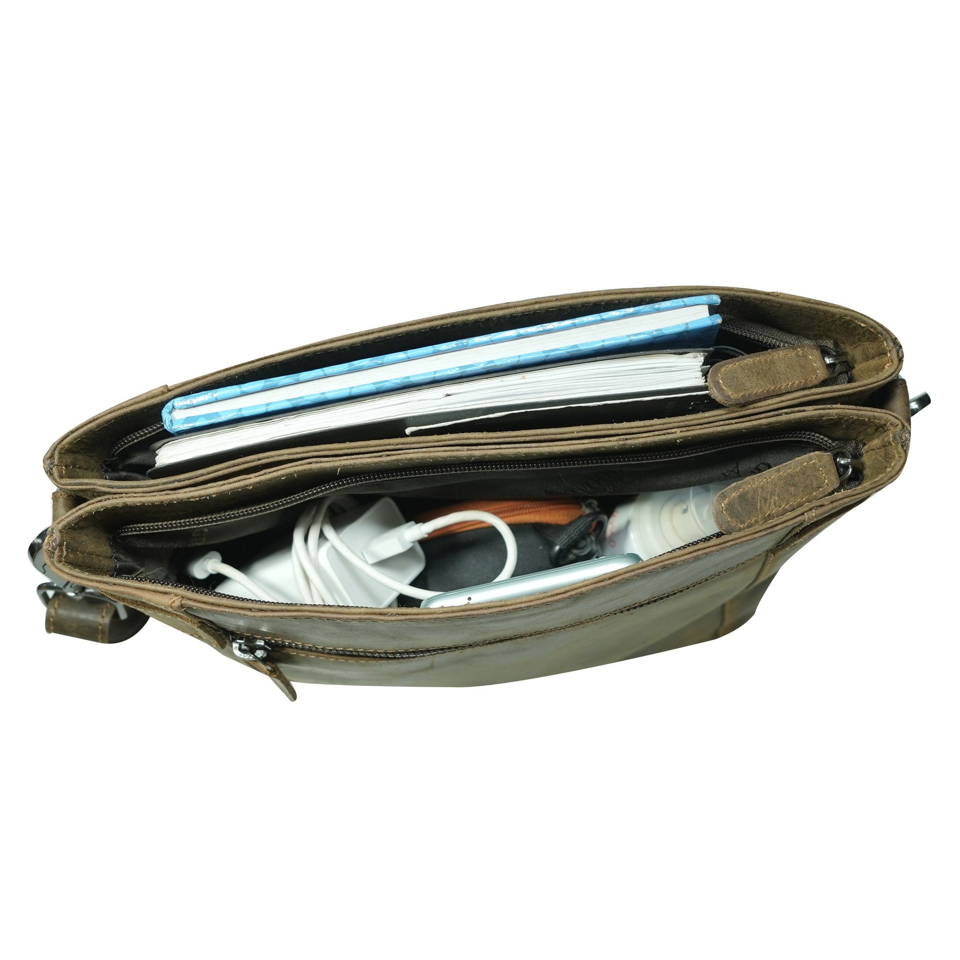 Open khaki bag with electronic devices and papers on a white background