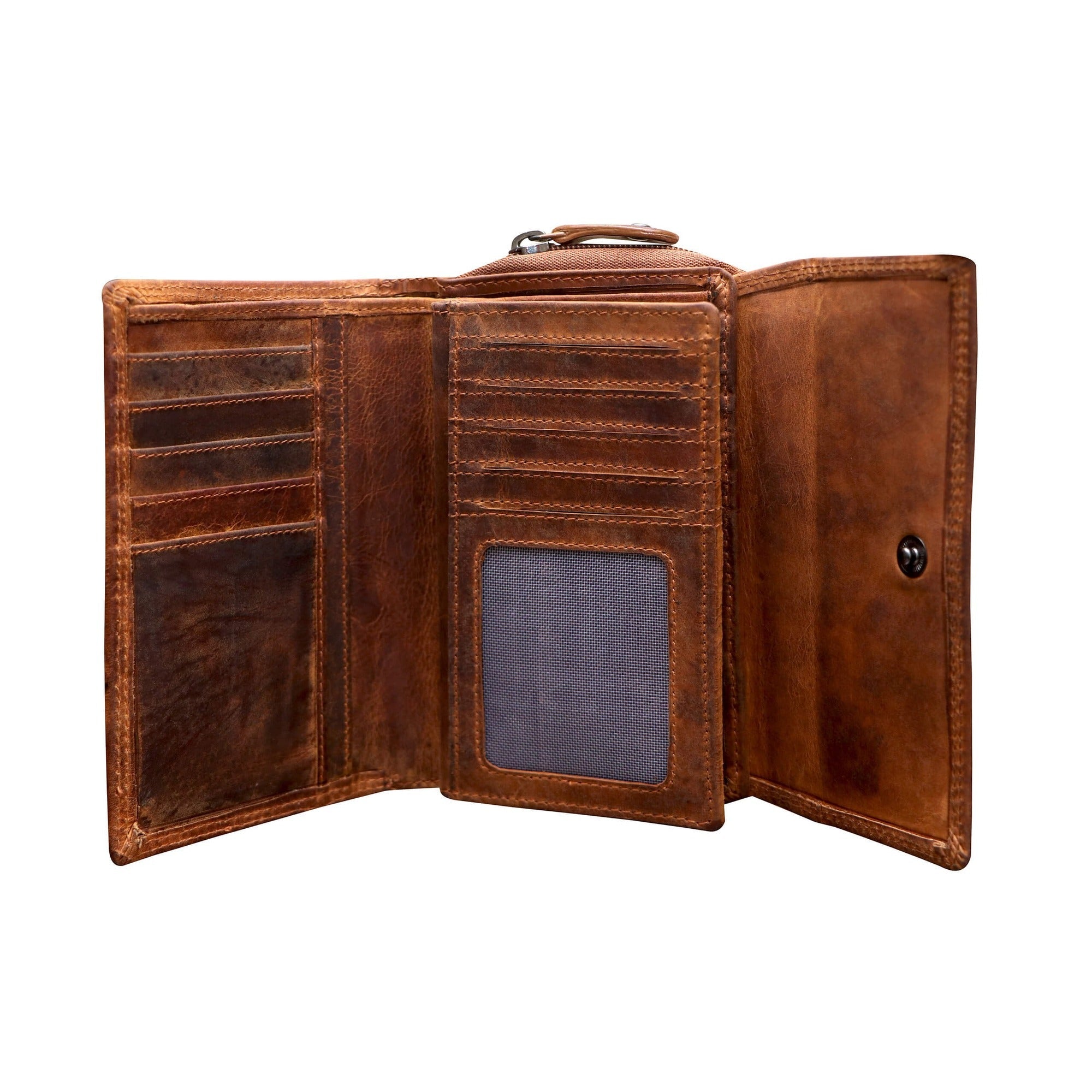 Camel leather wallet with multiple card slots on a white background