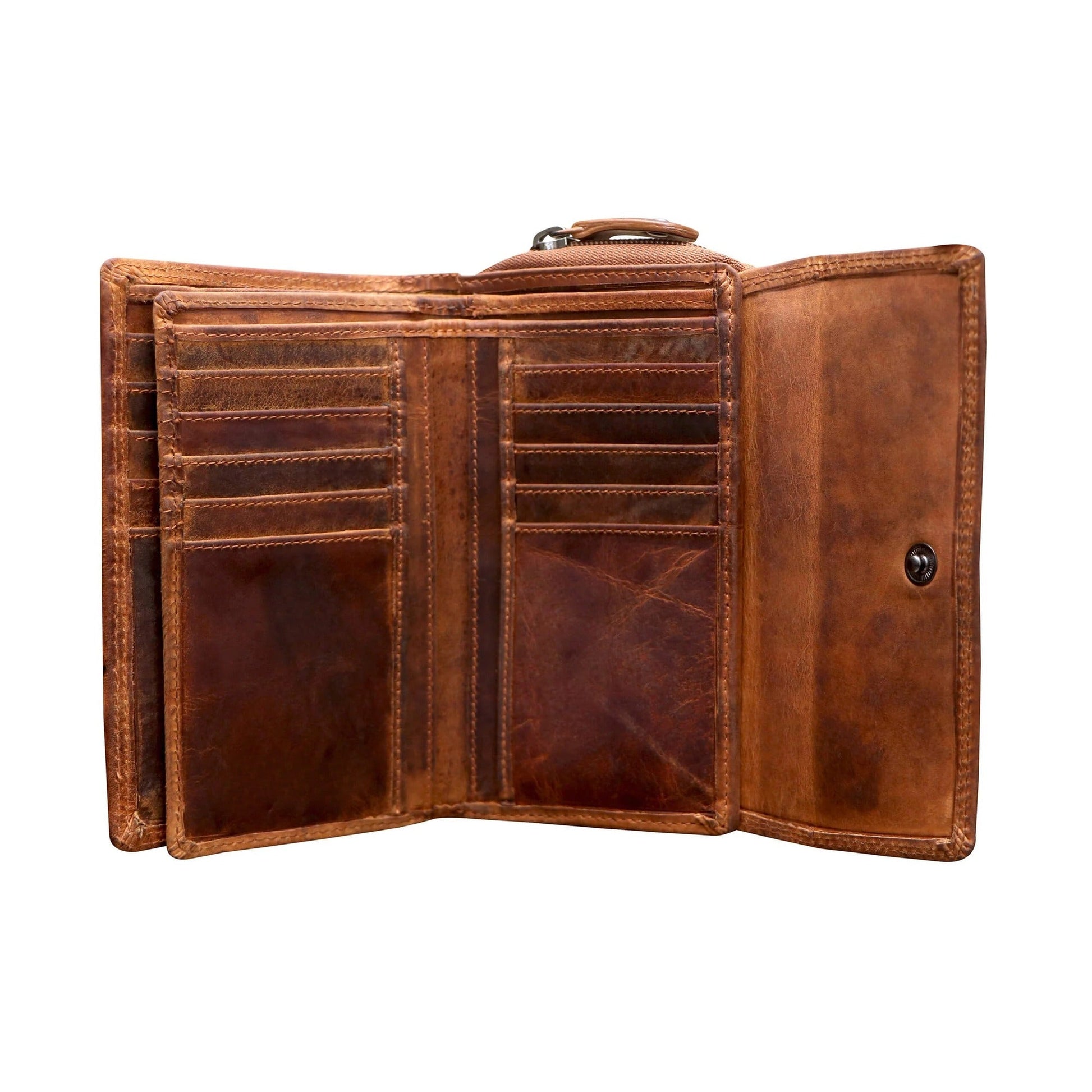 Camel leather wallet with multiple card slots on a white background