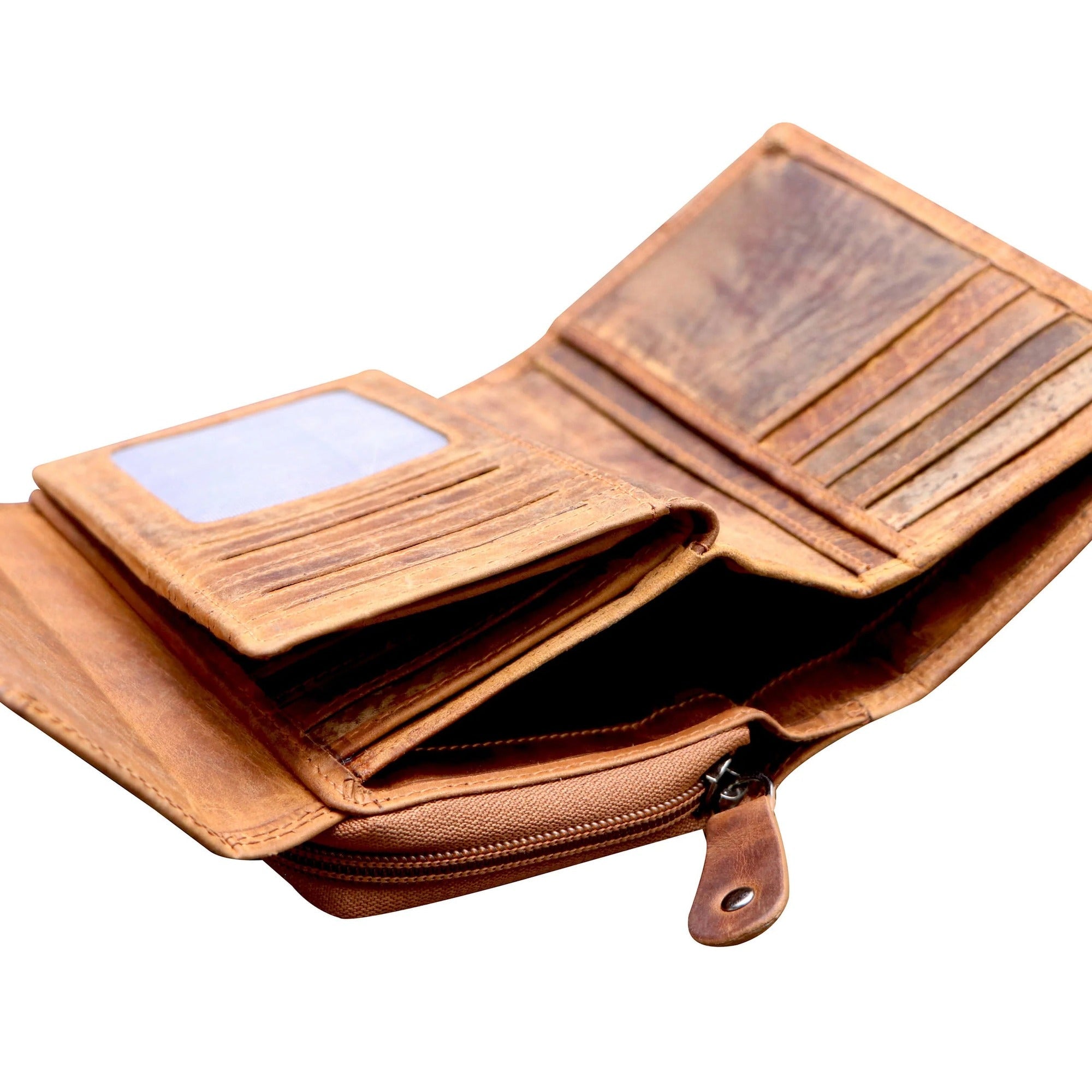 Camel leather wallet with card slots and a zipper on a white background