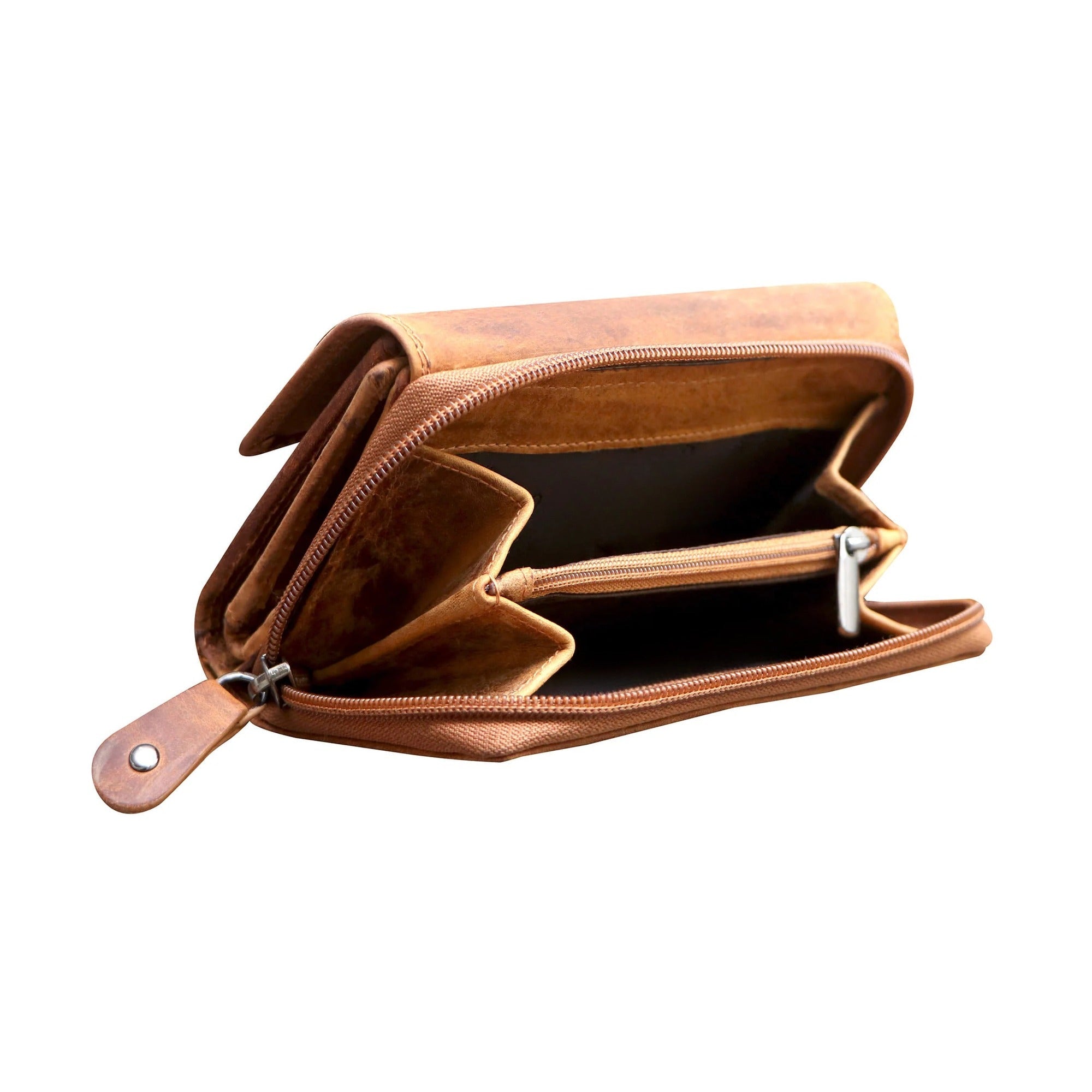 Open camel leather wallet on a white background