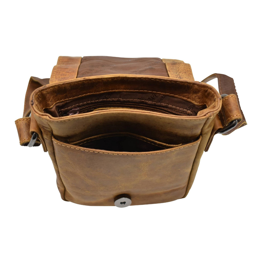 Front view of Greenwood leather camel crossbody bag with flap closure