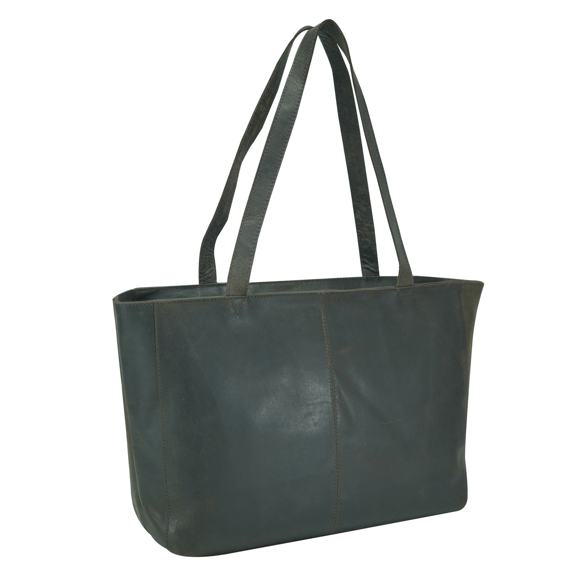 Brown leather tote bag with shoulder straps on a white background