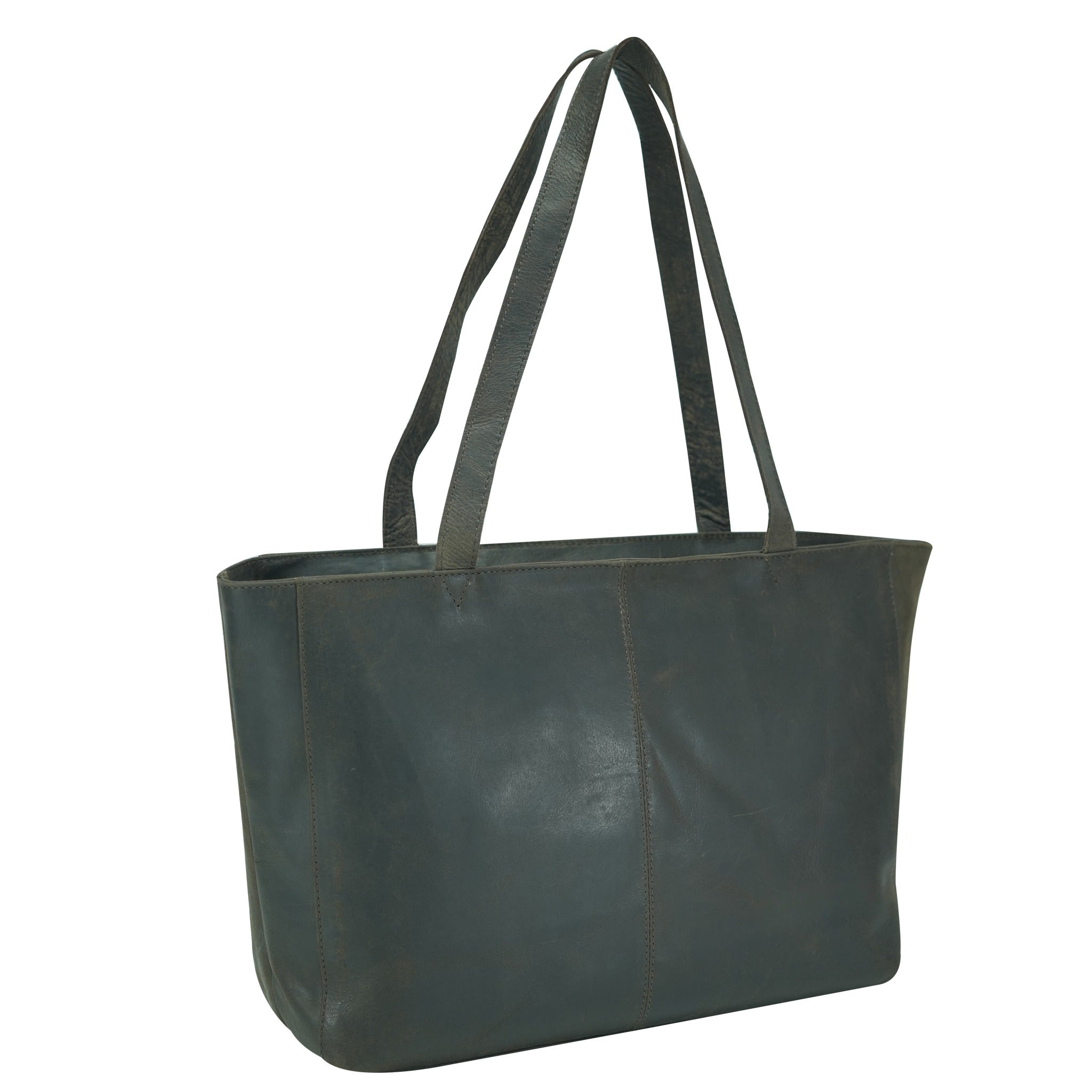 Brown leather tote bag with shoulder straps on a white background