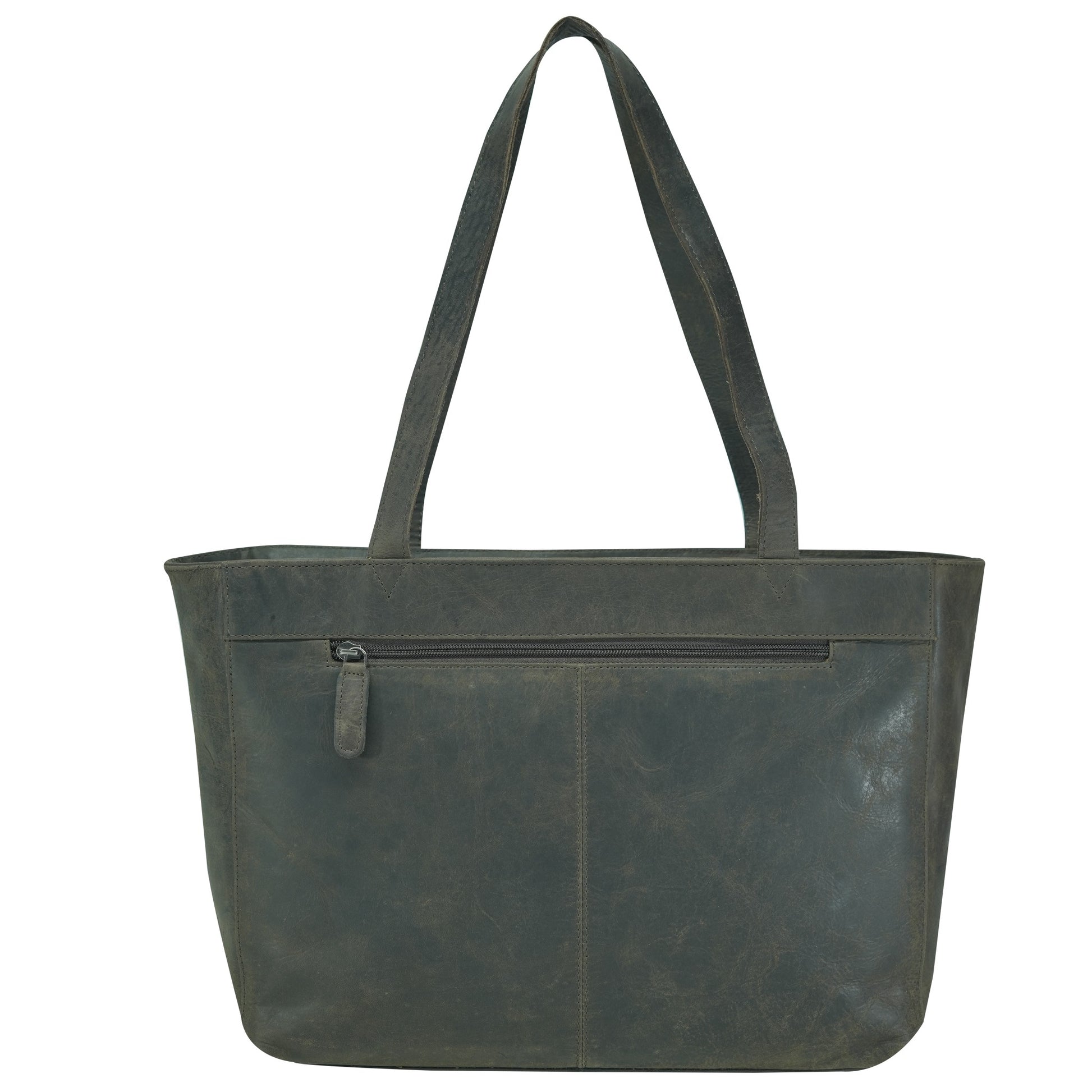 Brown leather tote bag back view with a zipper on a white background