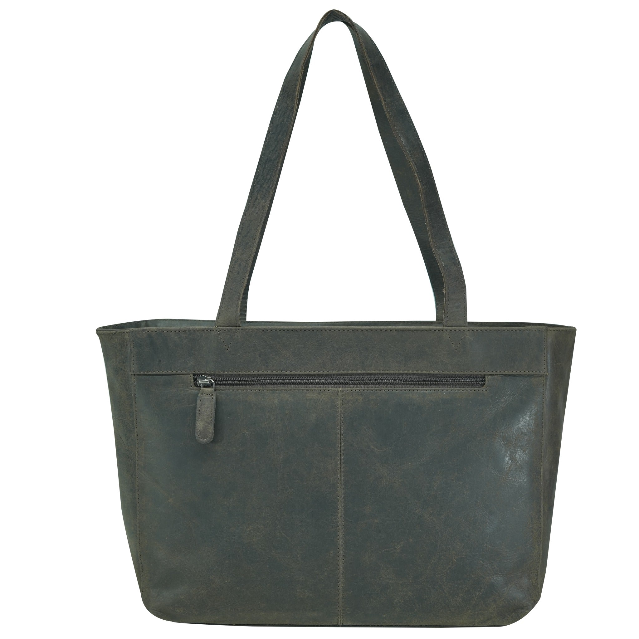 Brown leather tote bag back view with a zipper on a white background