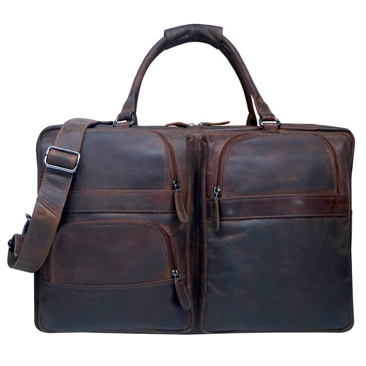 Brown leather briefcase with shoulder strap on a white background